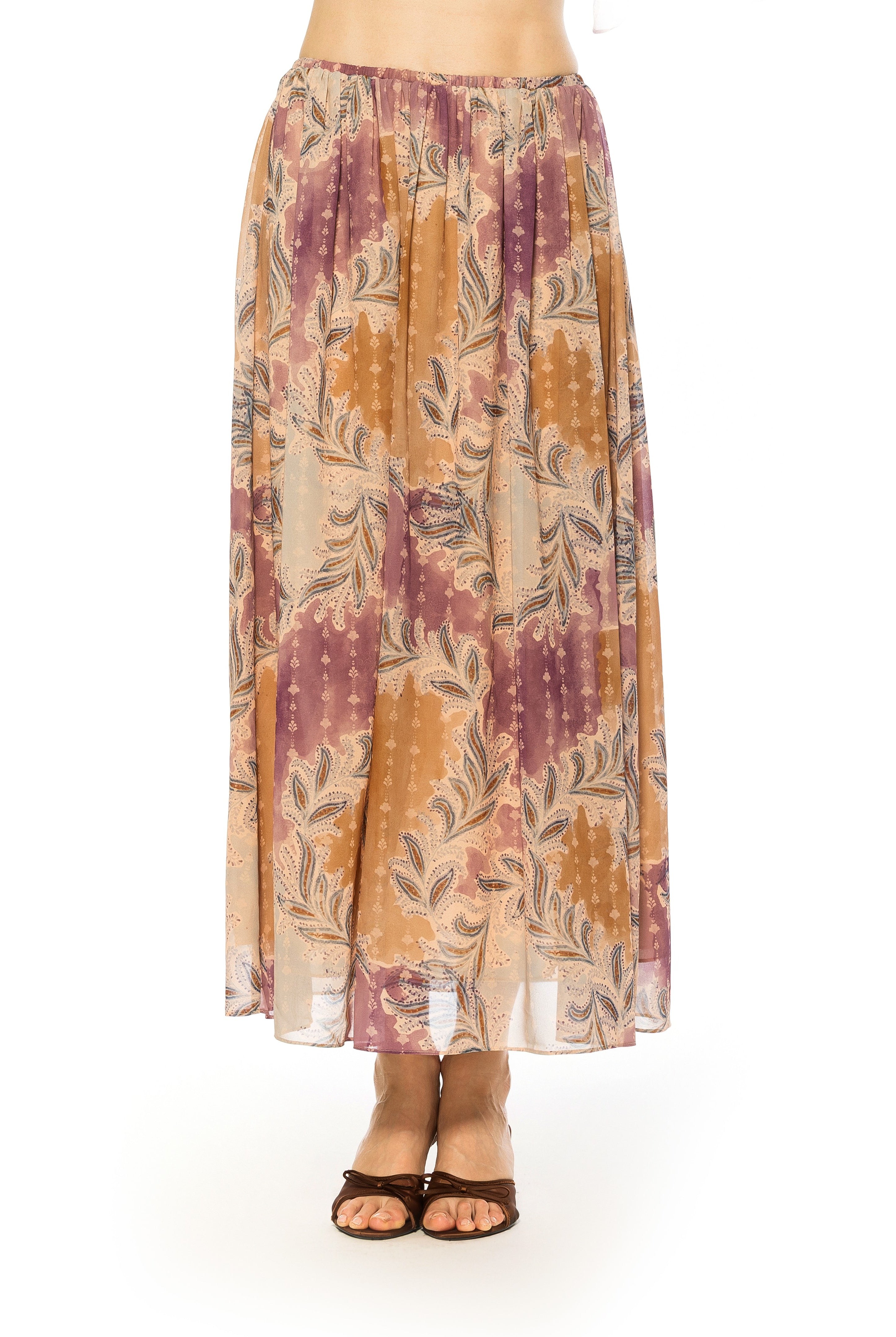 Front view paisley print max skirt elastic waist.