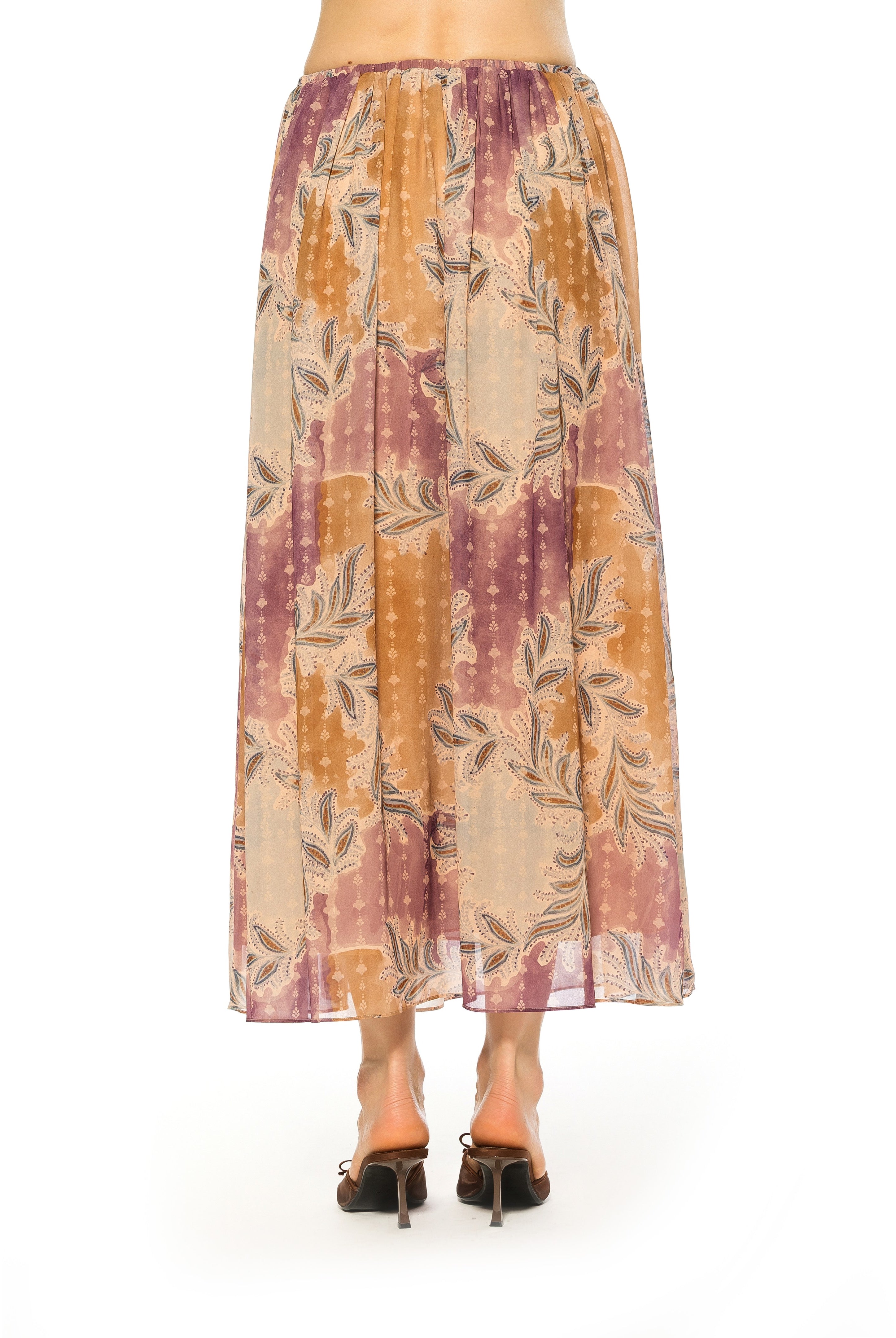 Back view paisley print max skirt elastic waist.