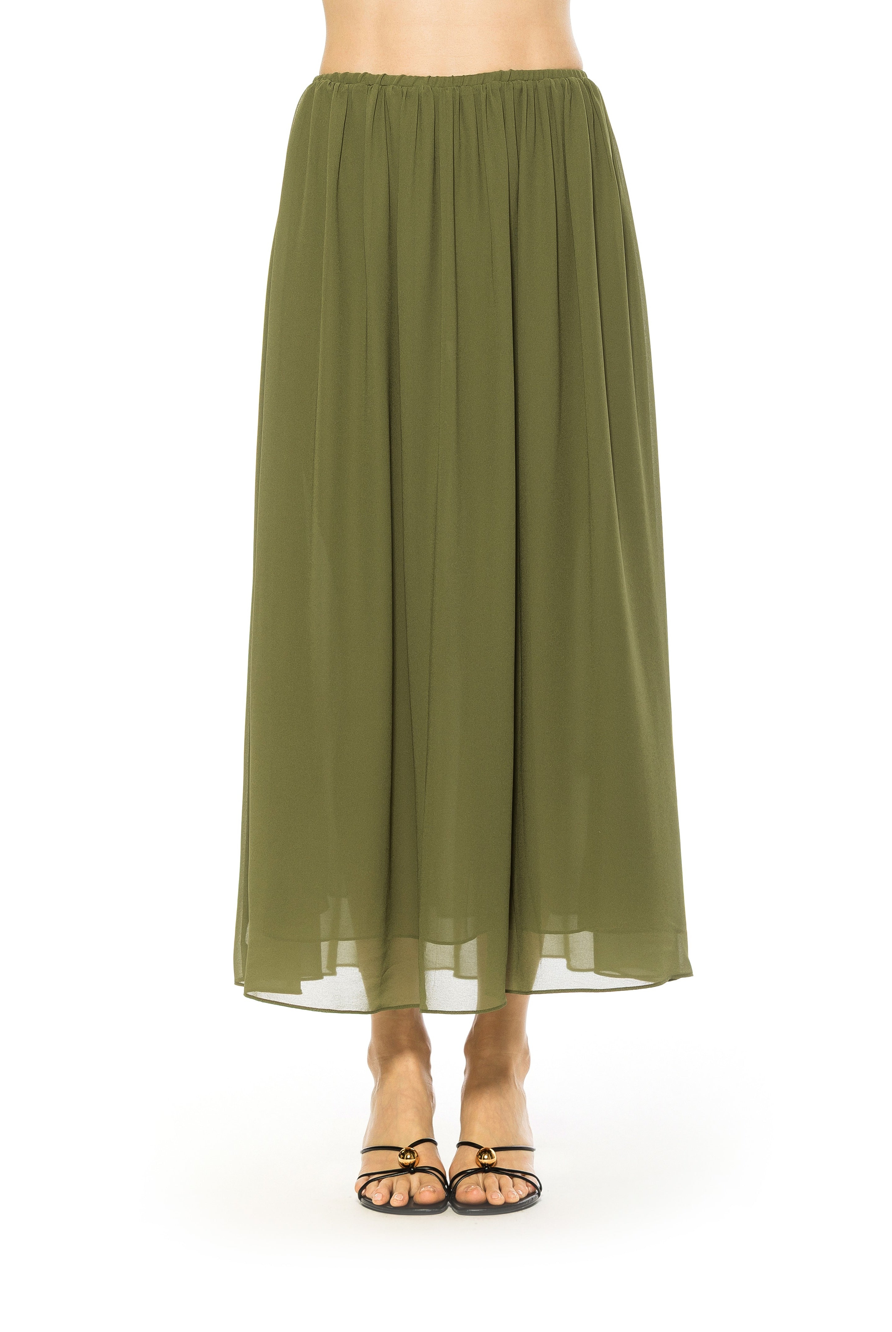 Front view green max skirt elastic waist.