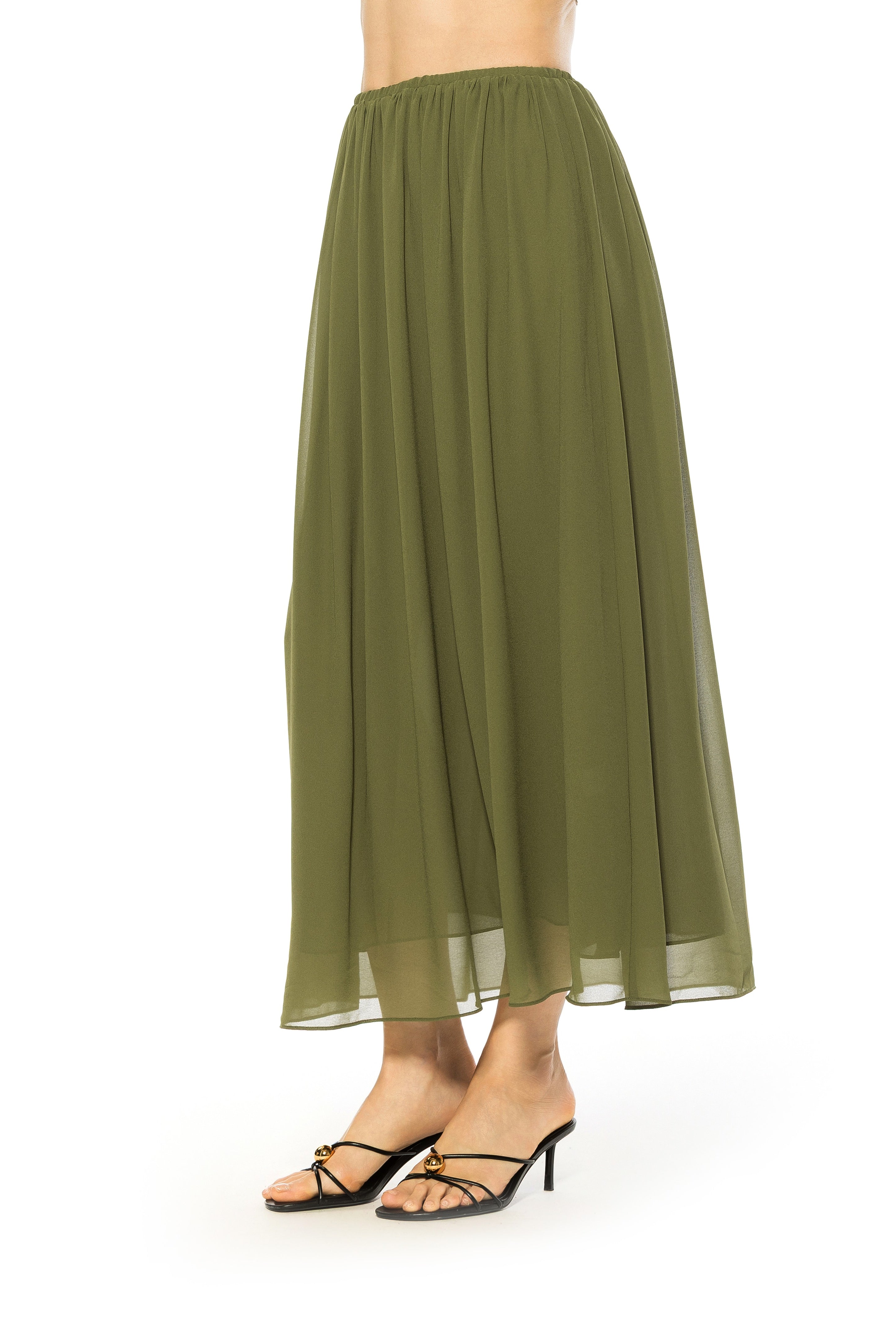 Side view green max skirt elastic waist.