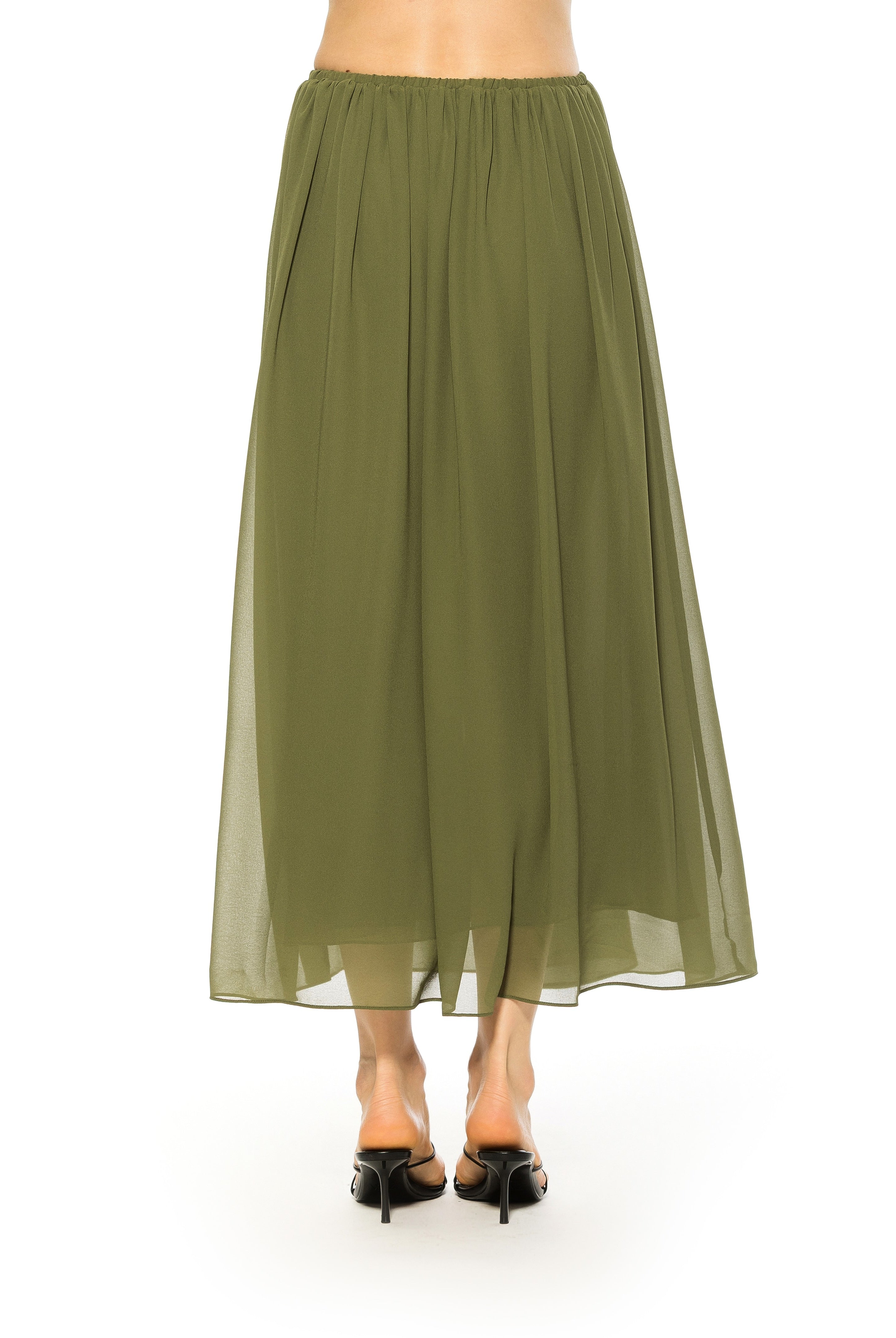 Back view green max skirt elastic waist.