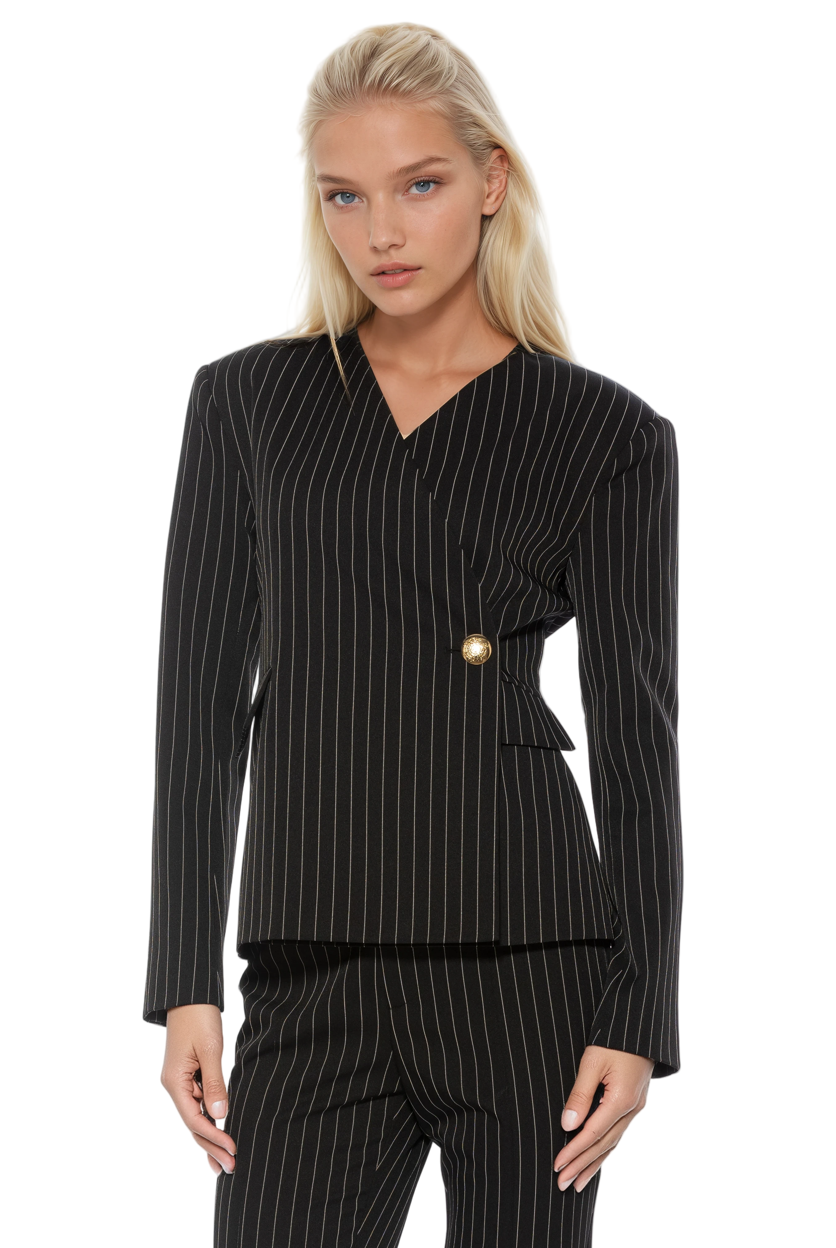Front view black pinstripe structured blazer, collarless, single button wrap front, flap pockets.