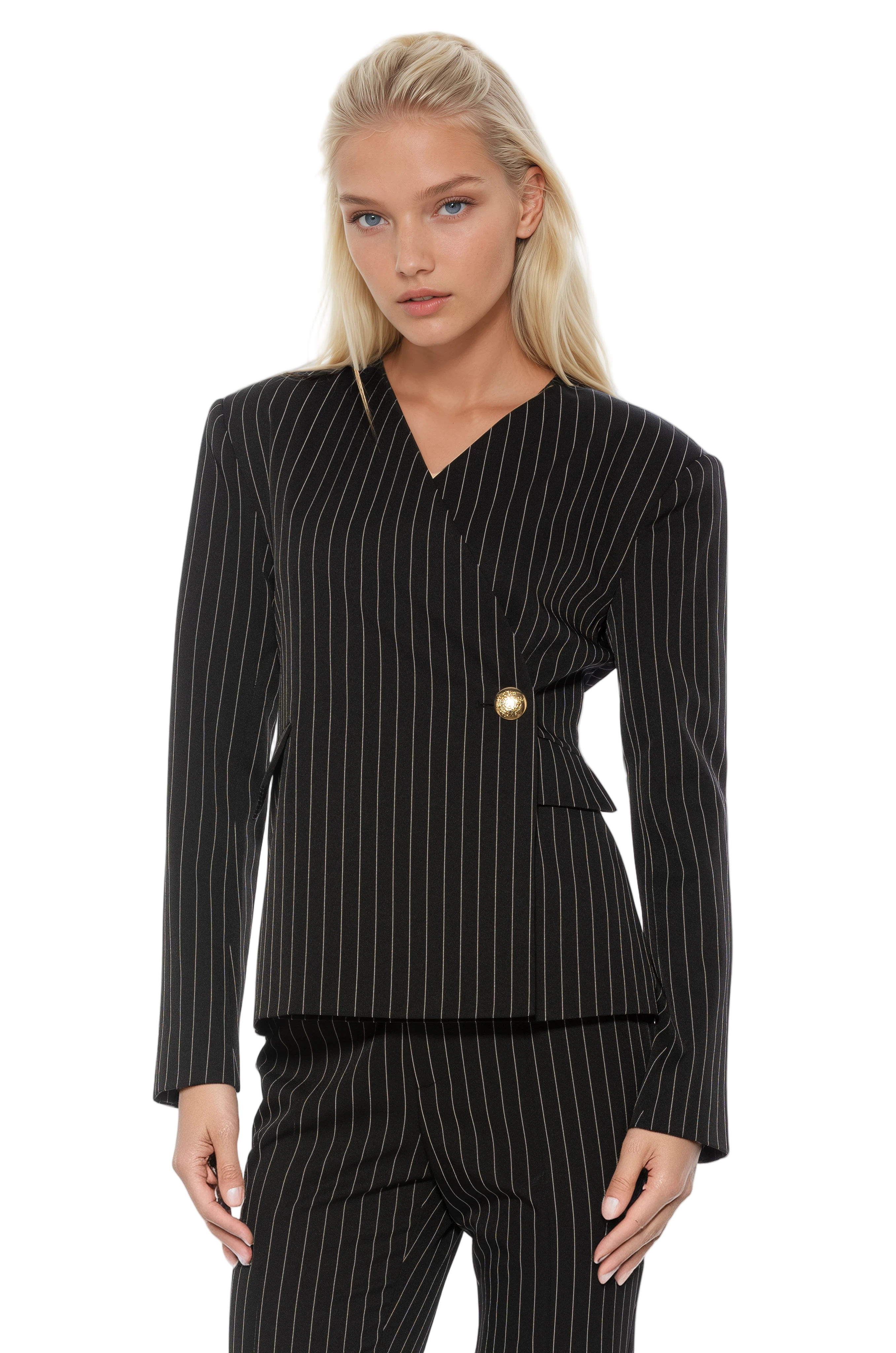 Front view black pinstripe structured blazer, collarless, single button wrap front, flap pockets.