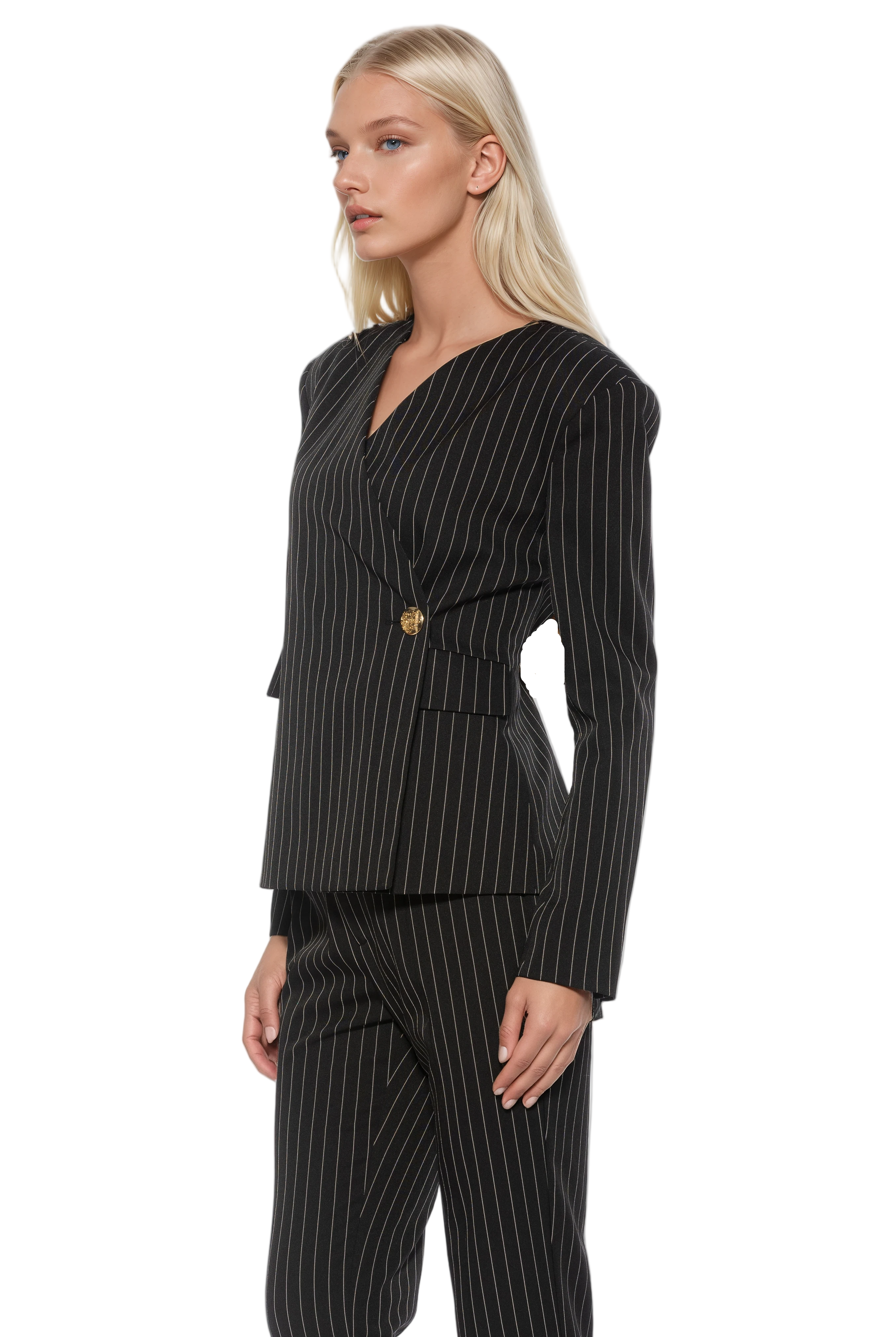 Side view black pinstripe structured blazer, collarless, single button wrap front, flap pockets.