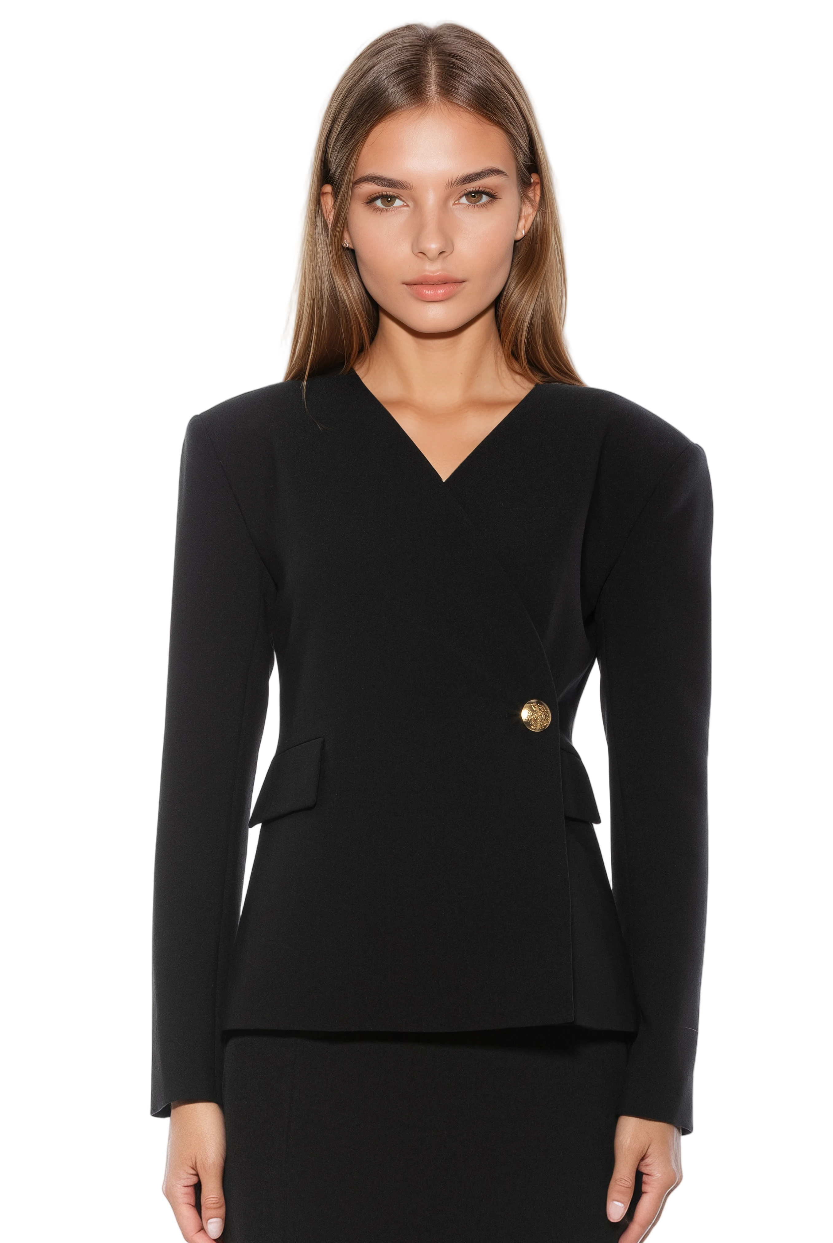 Front view black structured blazer, collarless, single button wrap front, flap pockets.