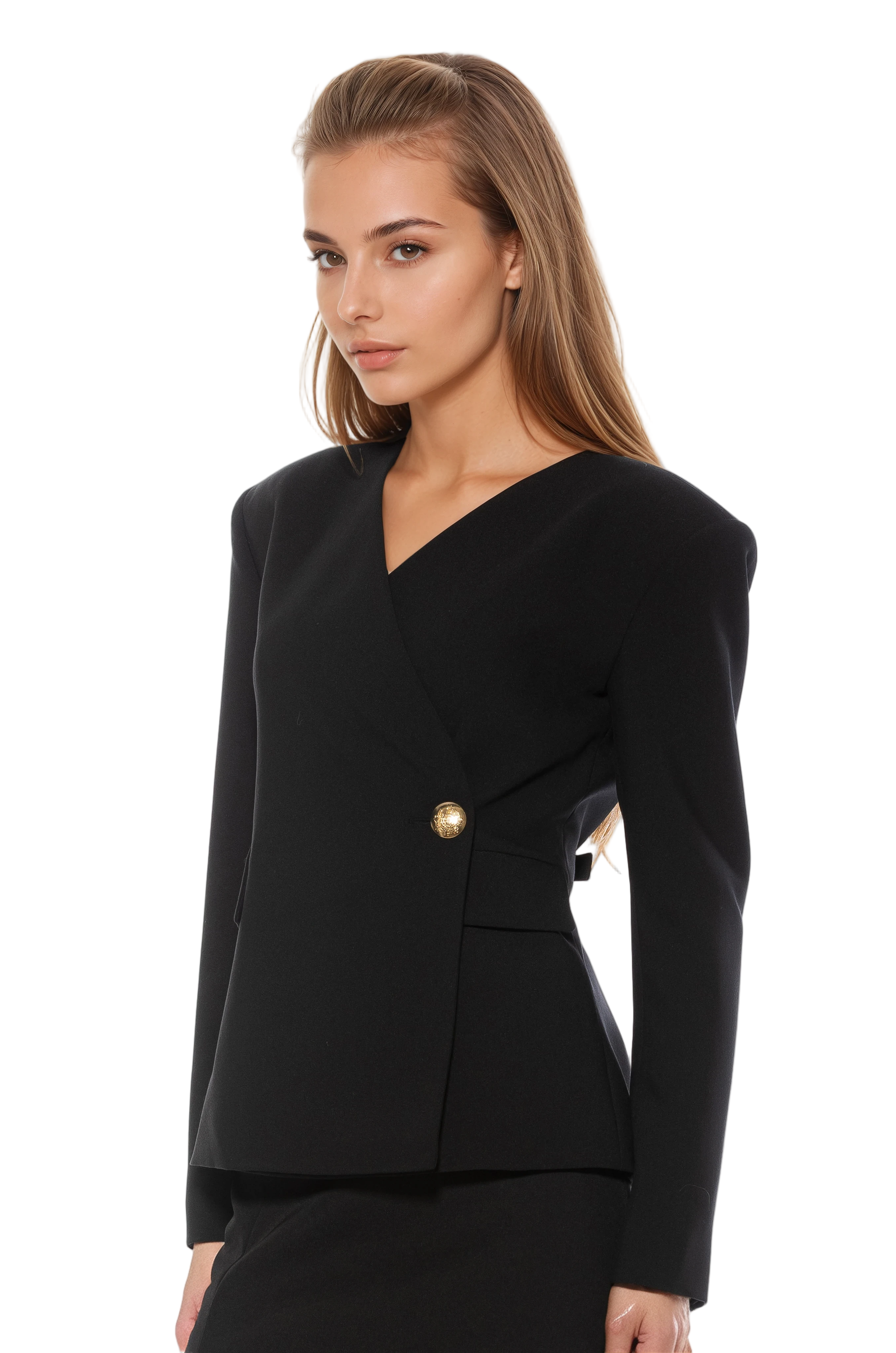 Side view black structured blazer, collarless, single button wrap front, flap pockets.