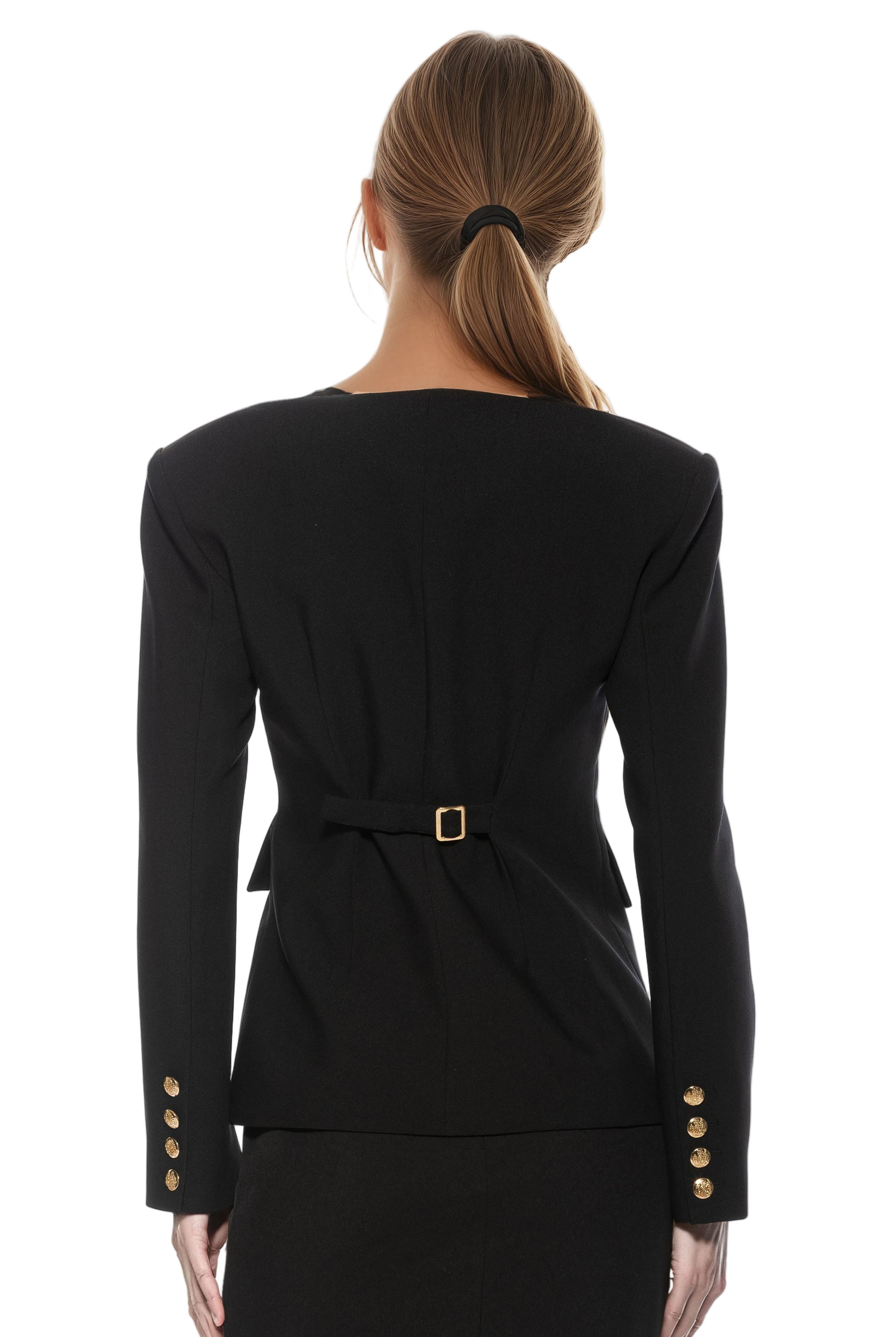 Front view black structured blazer, collarless, adjustable back slider, gold button cuffs.