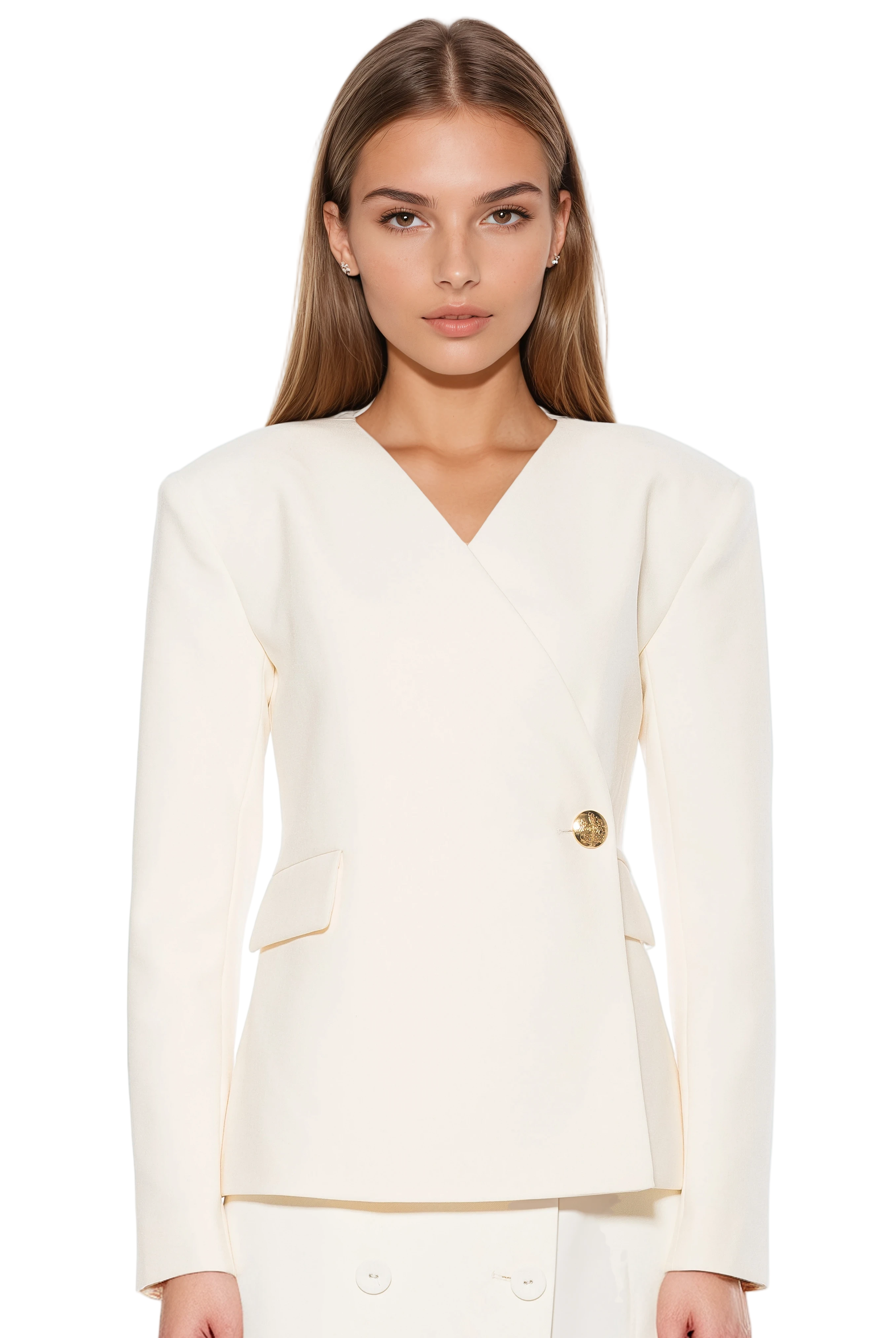 Front view ivory structured blazer, collarless, single button wrap front, flap pockets.