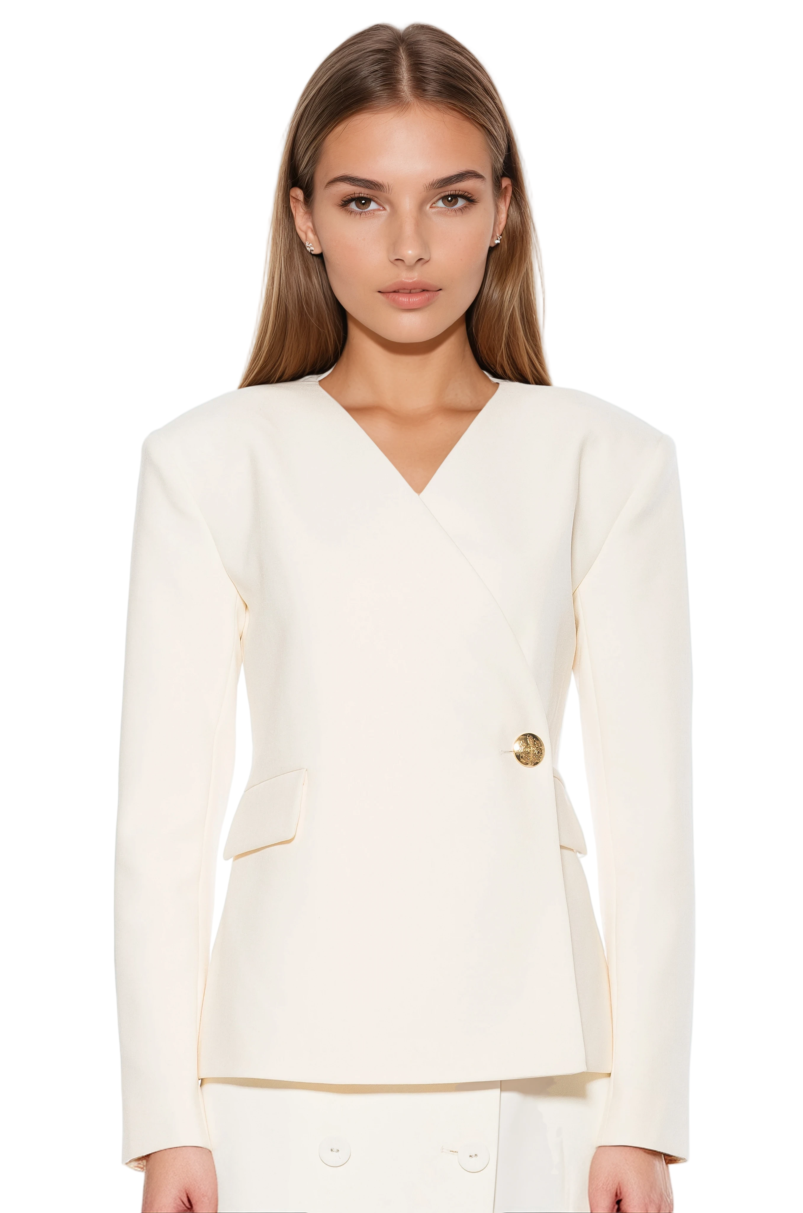 Front view ivory structured blazer, collarless, single button wrap front, flap pockets.