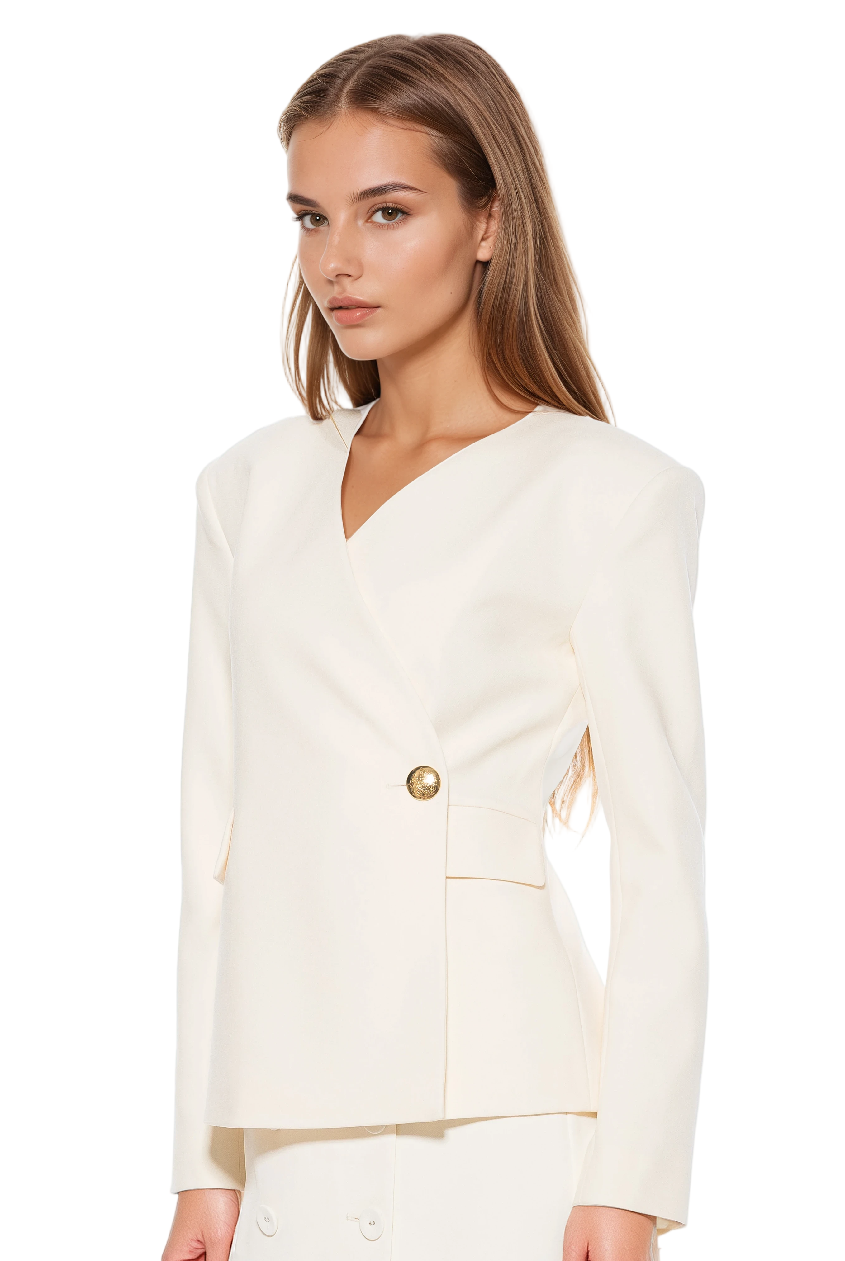 Side view ivory structured blazer, collarless, single button wrap front, flap pockets.