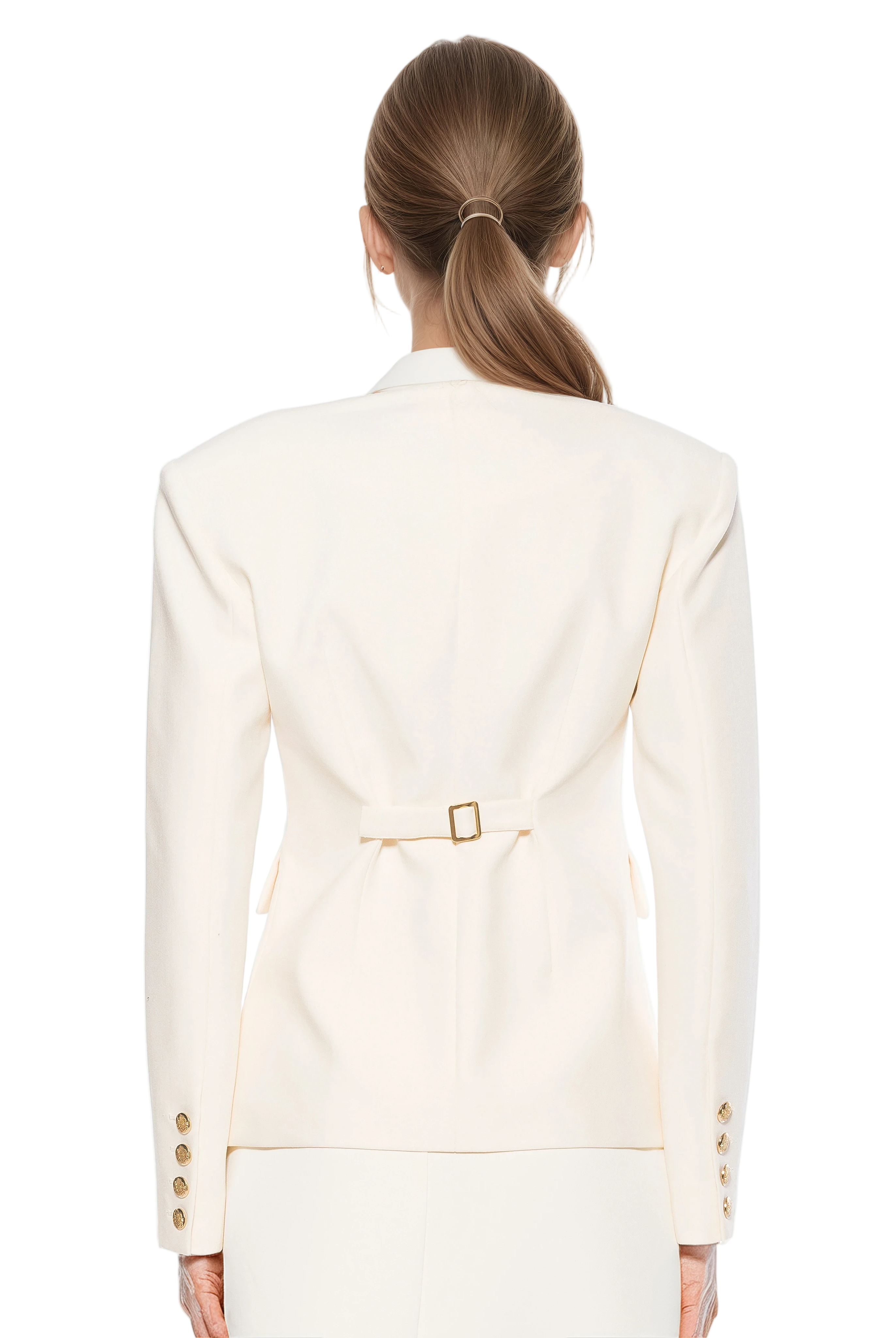 Back view black structured blazer, collarless, adjustable back slider, gold button cuffs.
