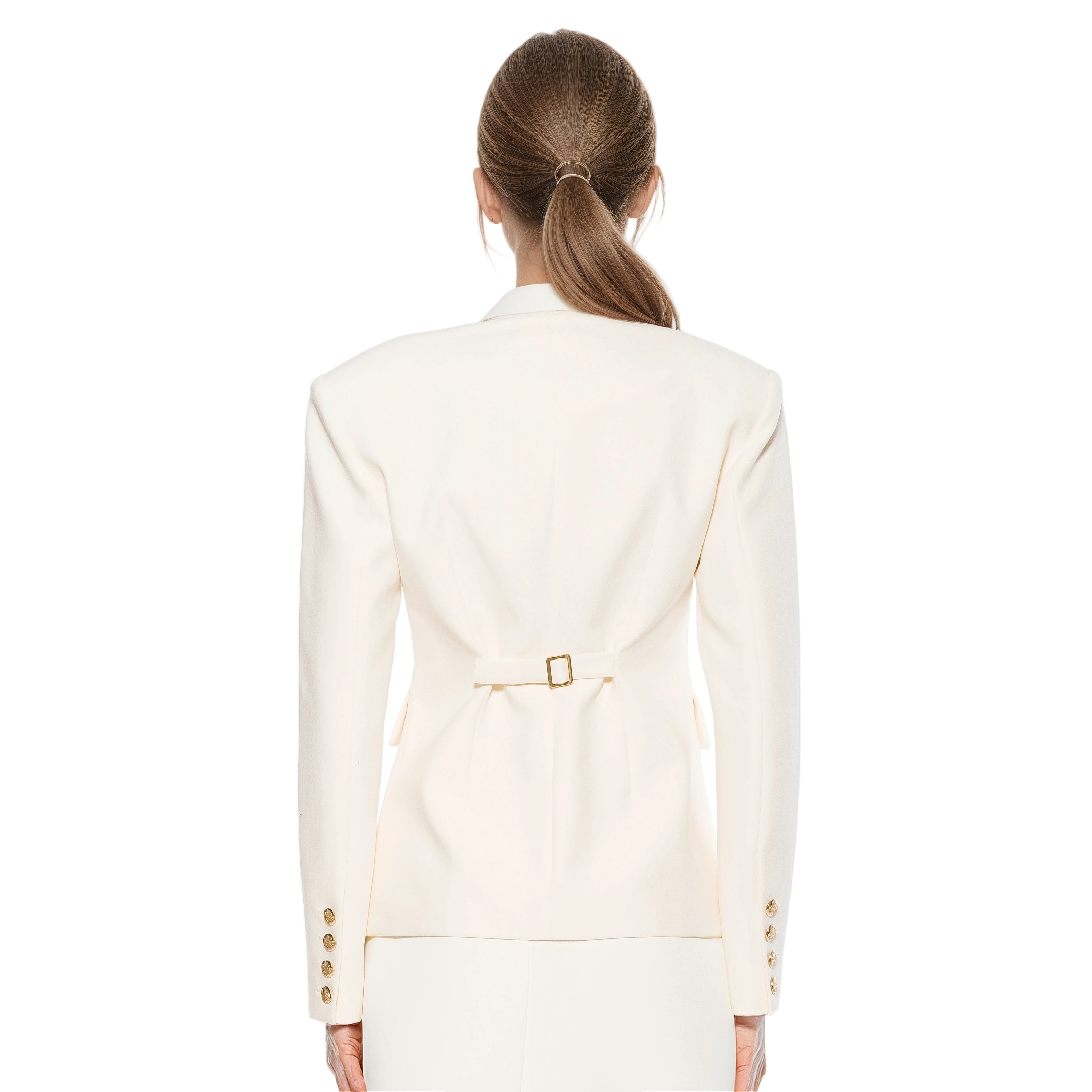 Back view black structured blazer, collarless, adjustable back slider, gold button cuffs.