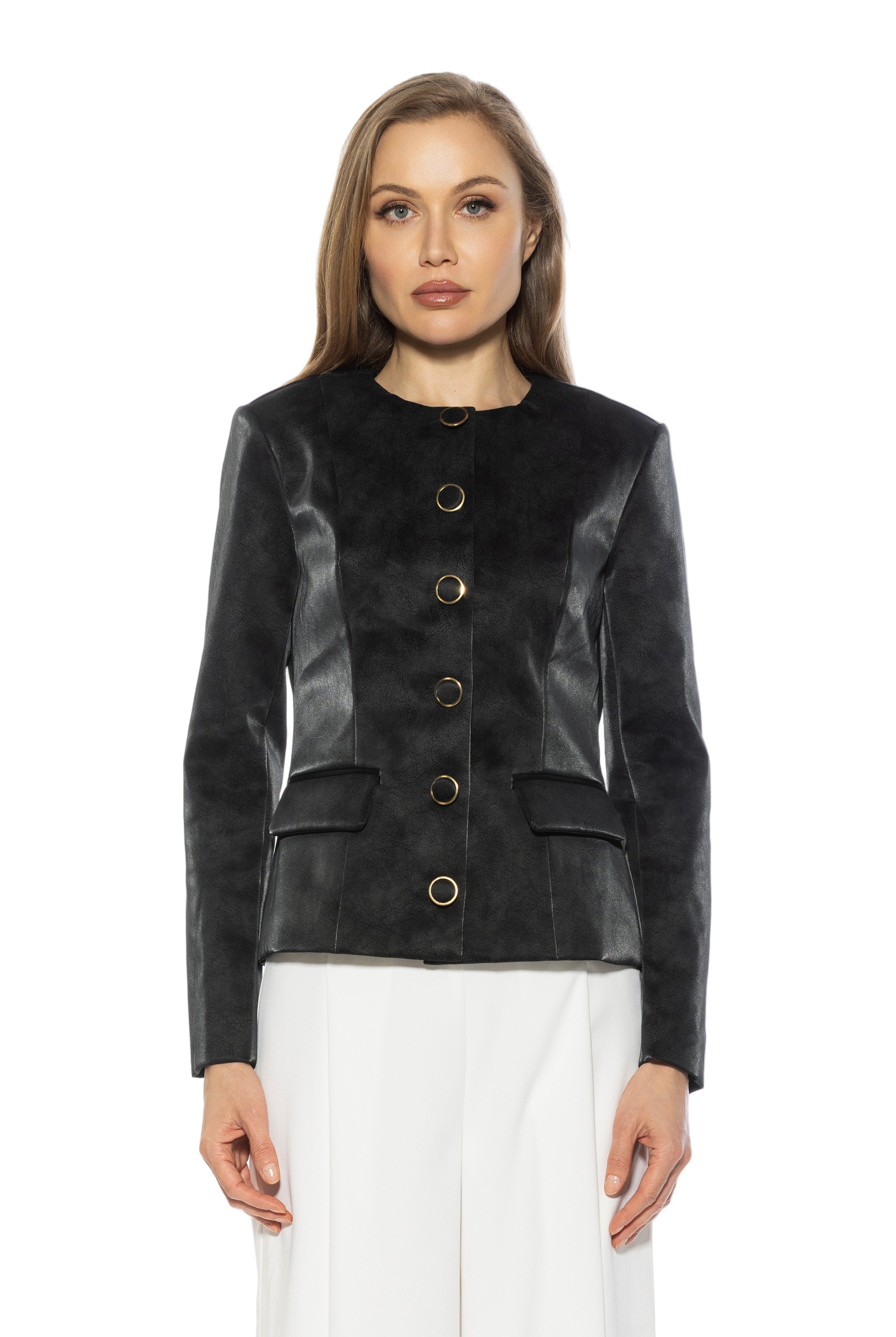 Front view black structured crop blazer, collarless, gold rimmed buttons front flap pockets.