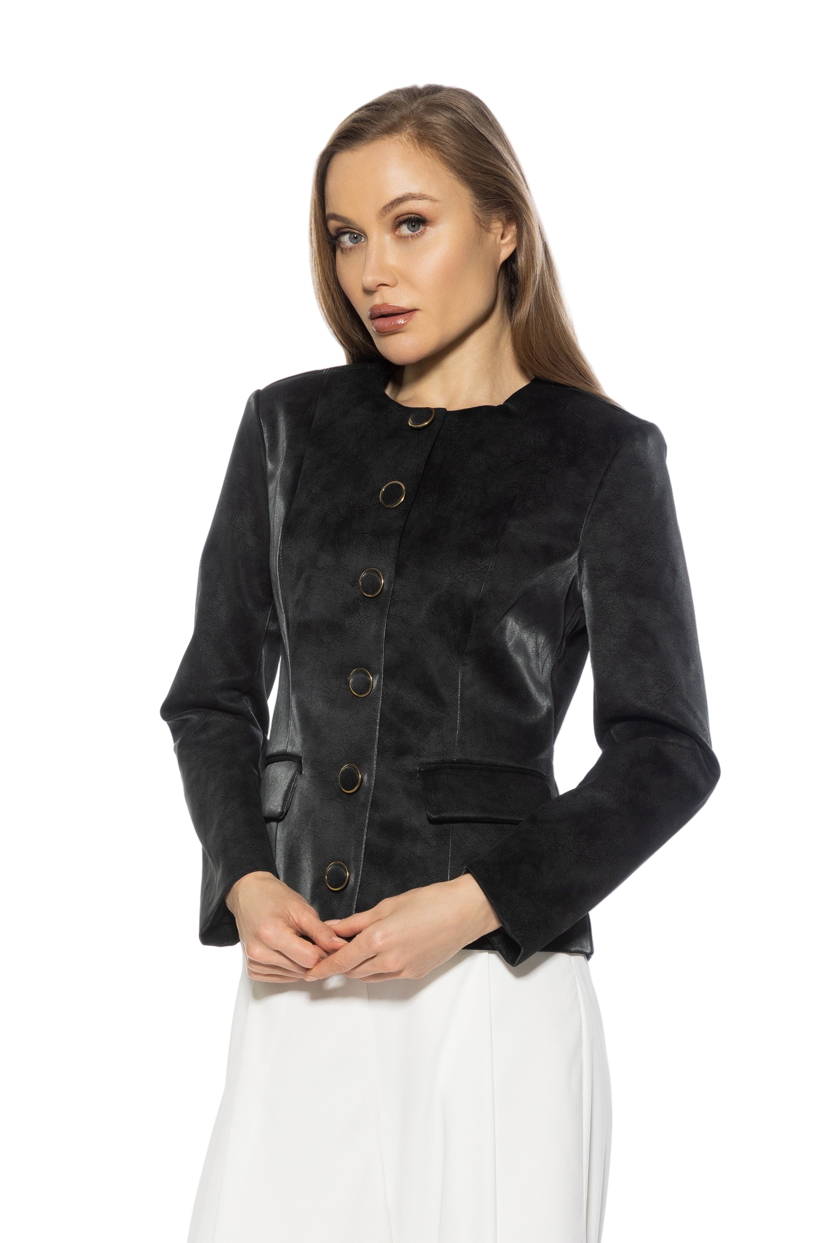 Front view black structured crop blazer, collarless, gold rimmed buttons front flap pockets.