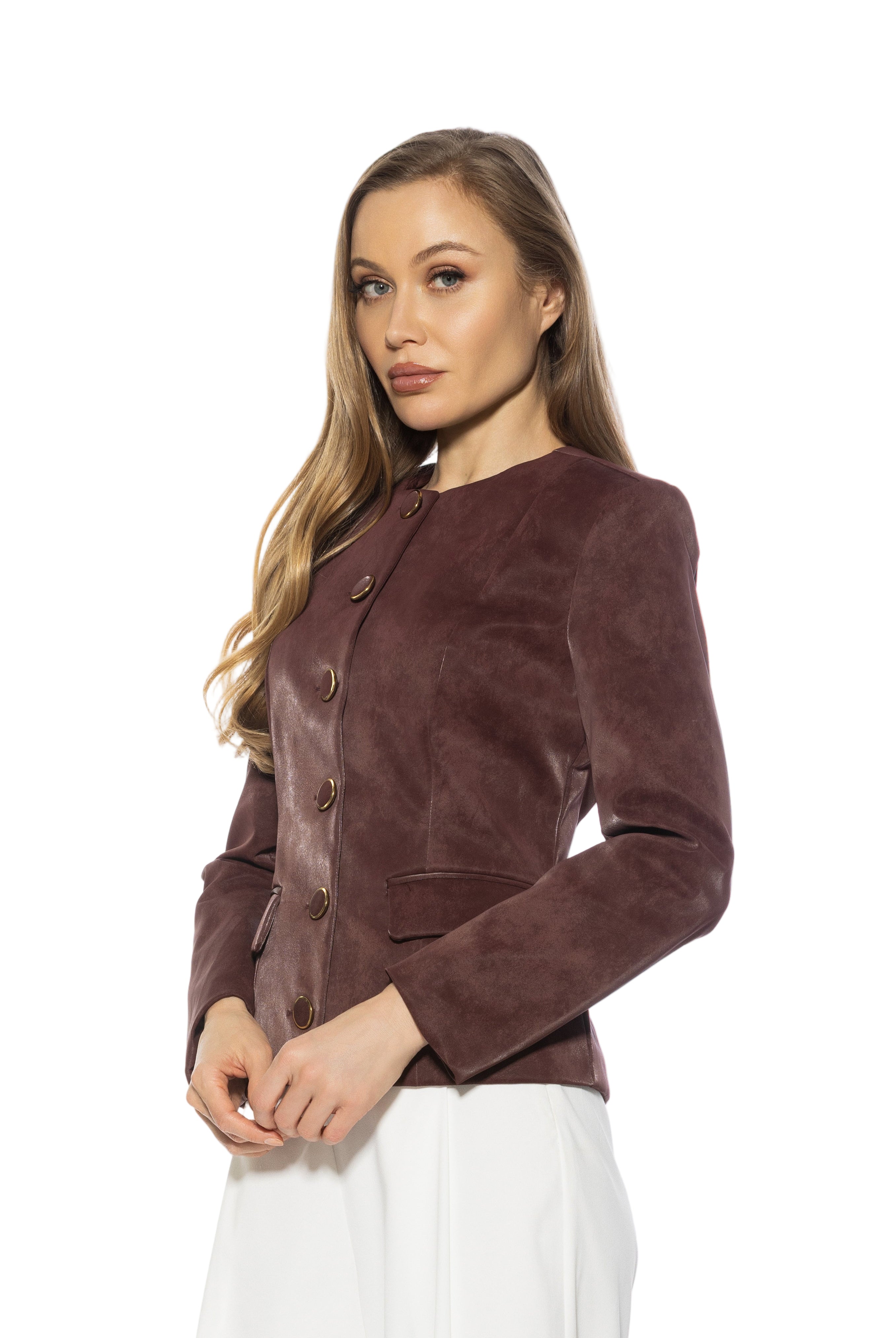 Side view burgundy structured crop blazer, collarless, gold rimmed buttons front flap pockets.