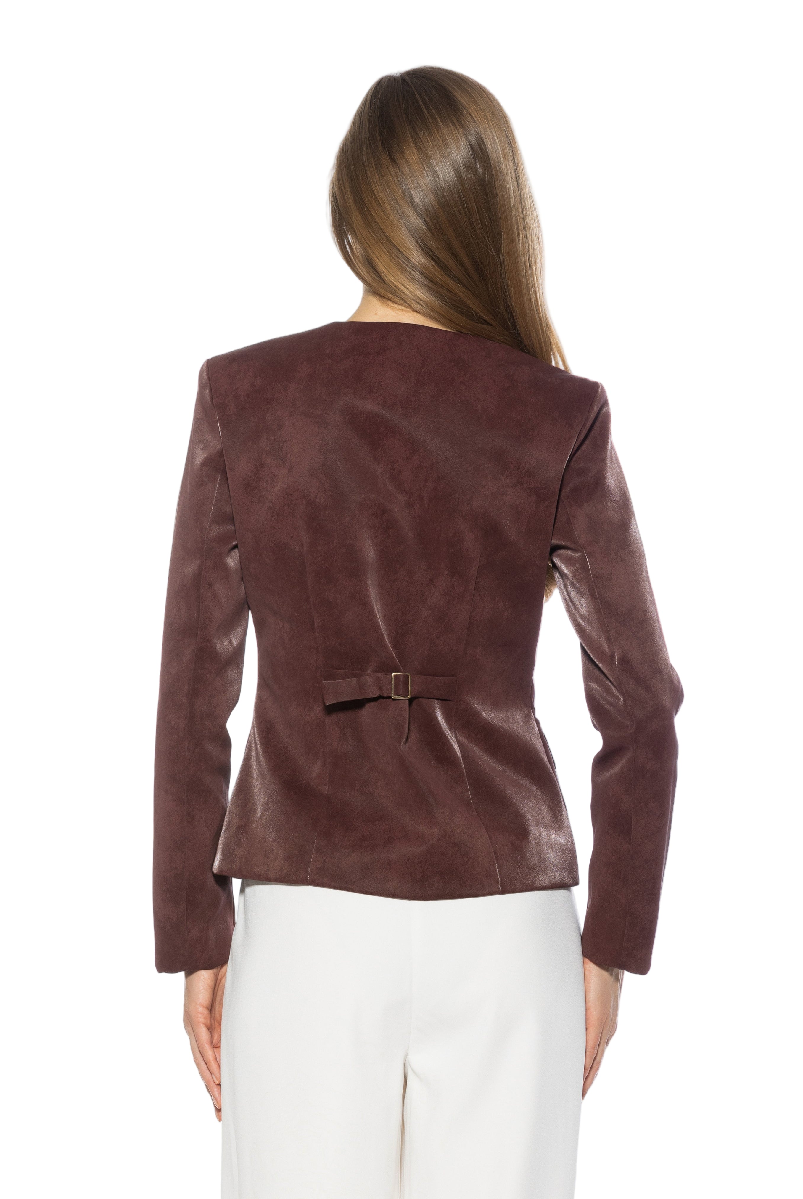 Back view burgundy structured crop blazer, collarless, adjustable back slider.