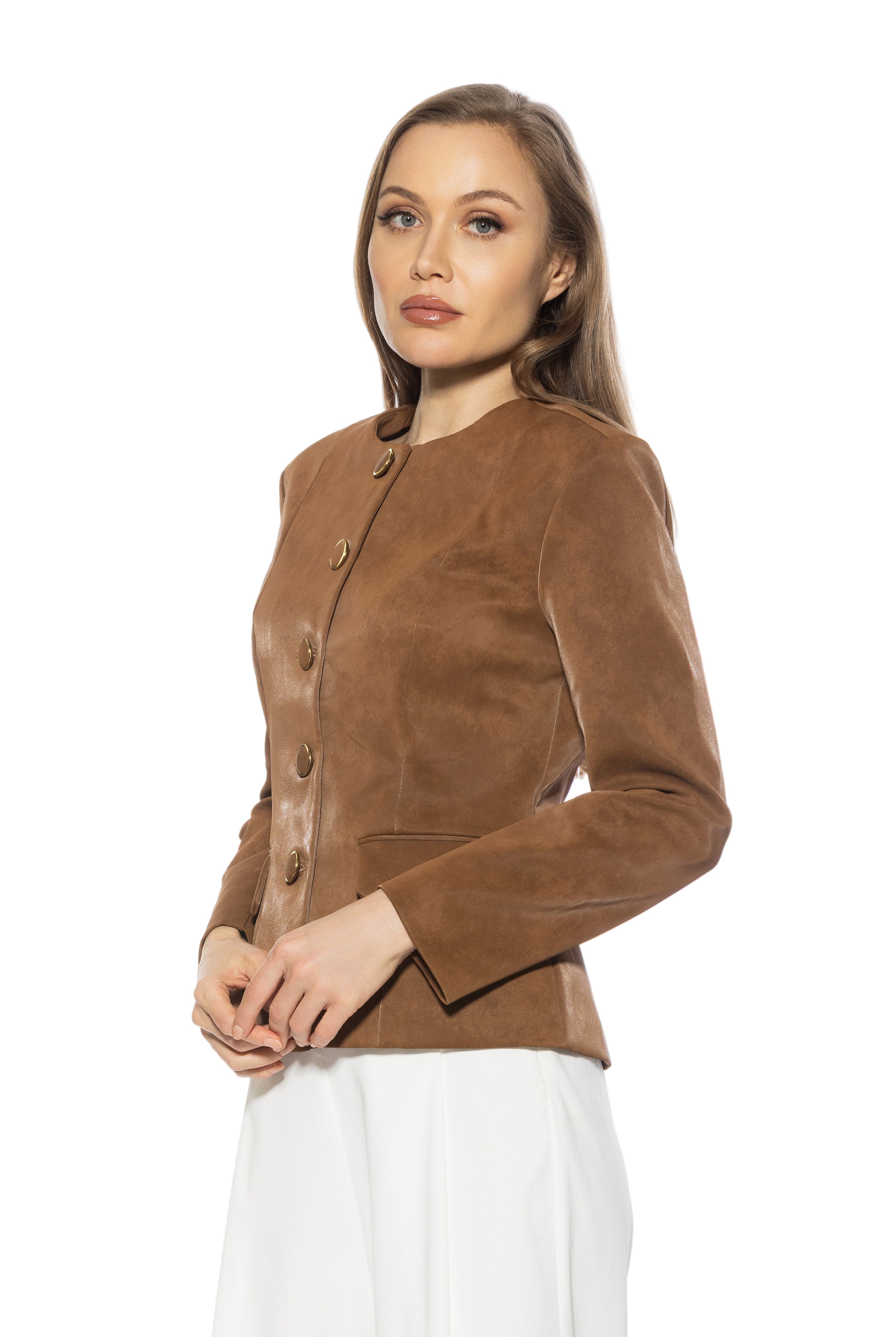 Side view brown structured crop blazer, collarless, gold rimmed buttons front flap pockets.