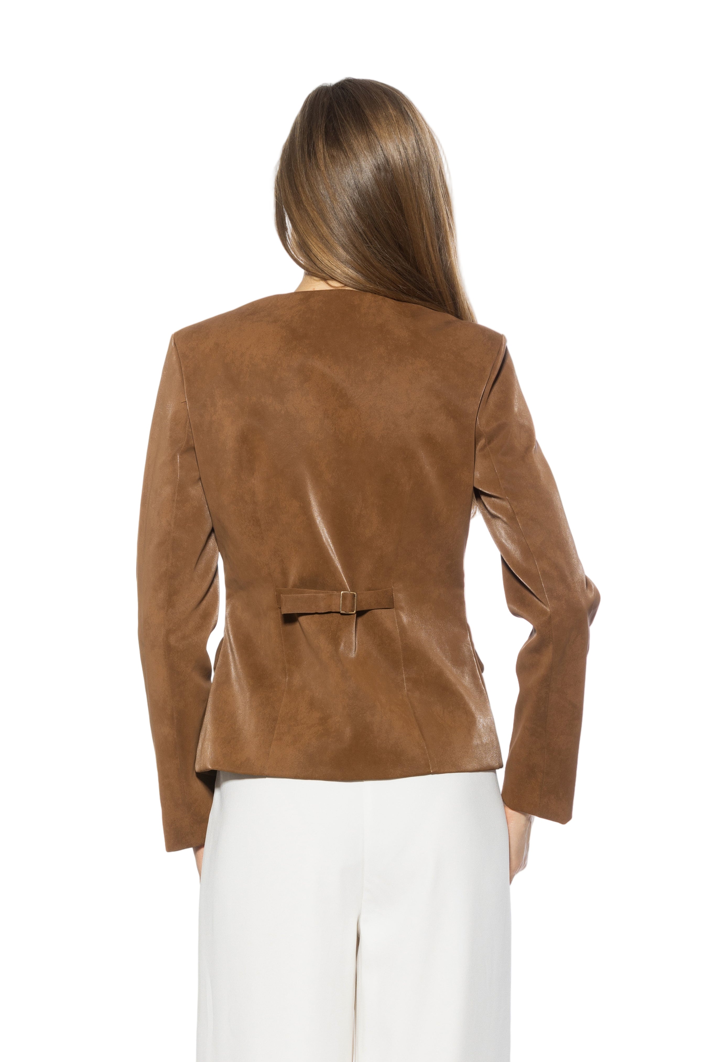 Back view brown structured crop blazer, collarless, adjustable back slider.