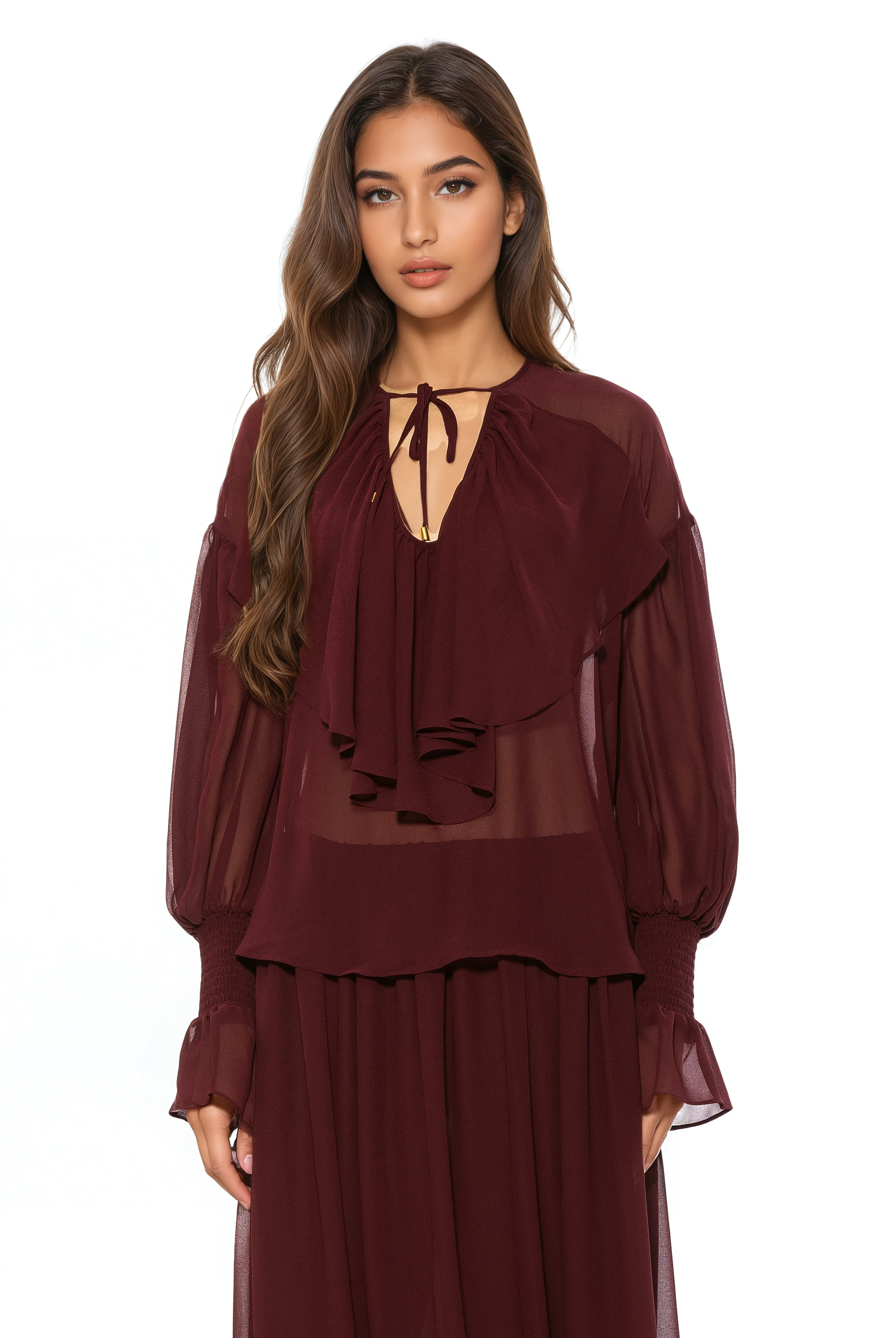 Front view burgundy ruffle blouse, v-neck front neck tie, blouson sleeve with smocked ruffle cuff.