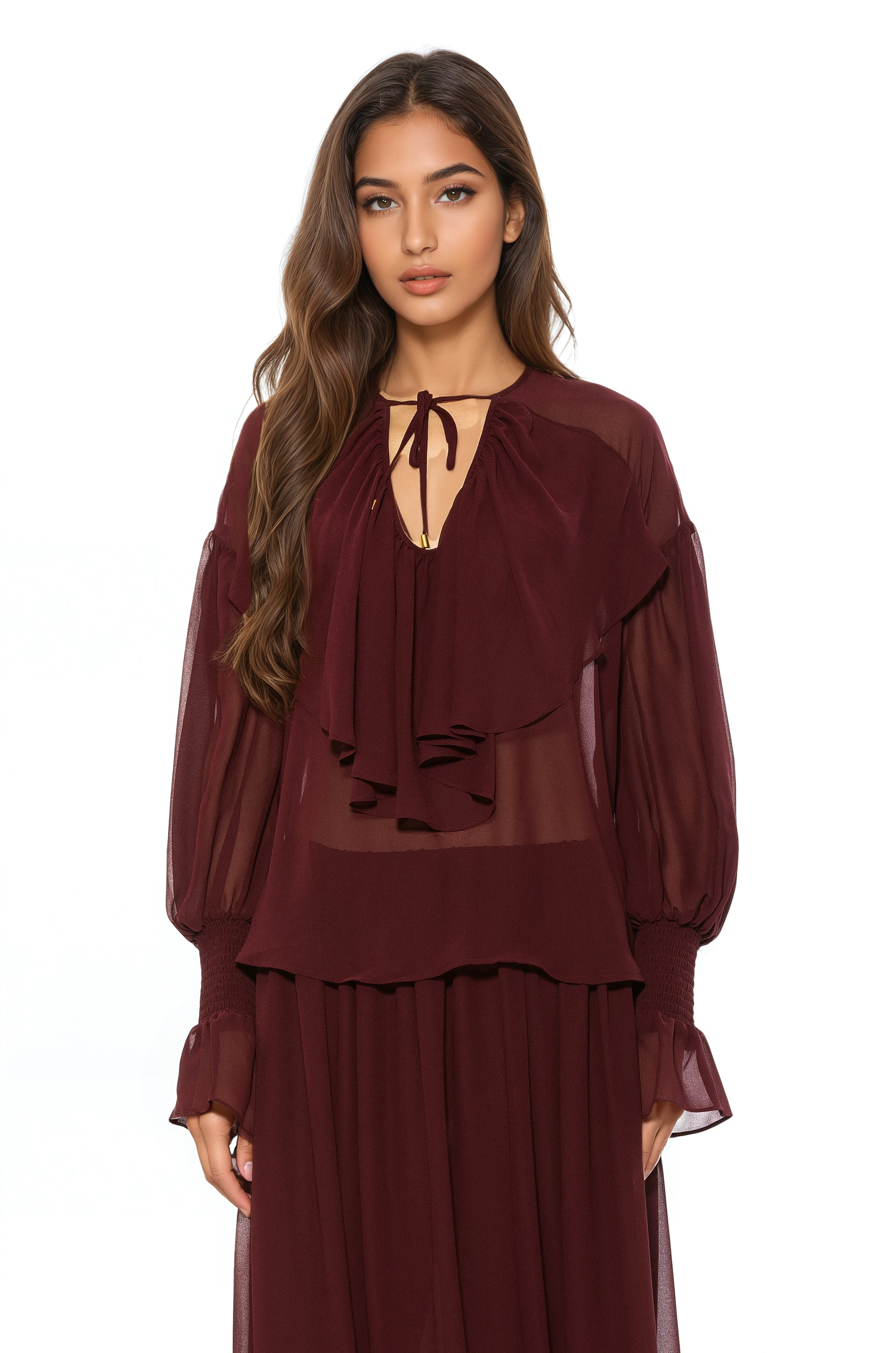 Front view burgundy ruffle blouse, v-neck front neck tie, blouson sleeve with smocked ruffle cuff.
