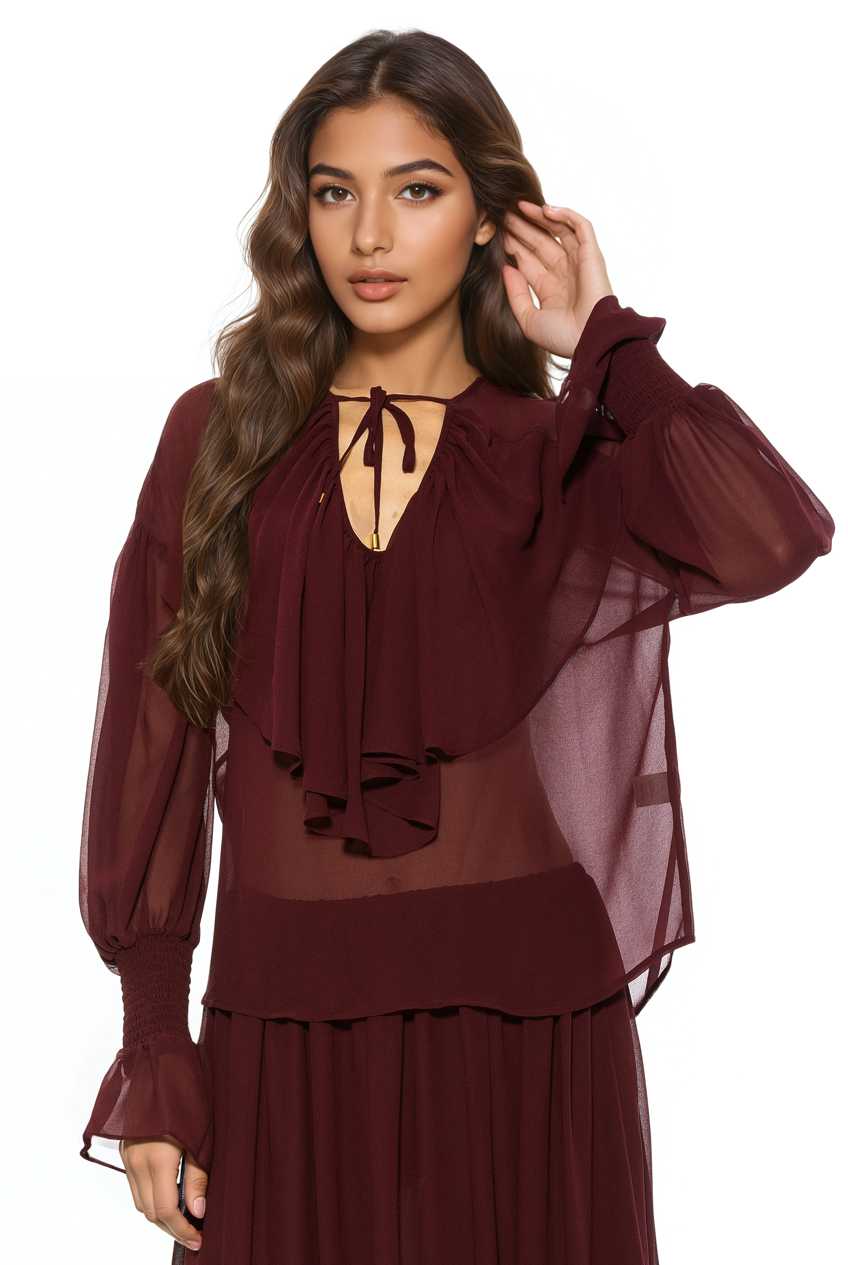 Front view burgundy ruffle blouse, v-neck front neck tie, blouson sleeve with smocked ruffle cuff.