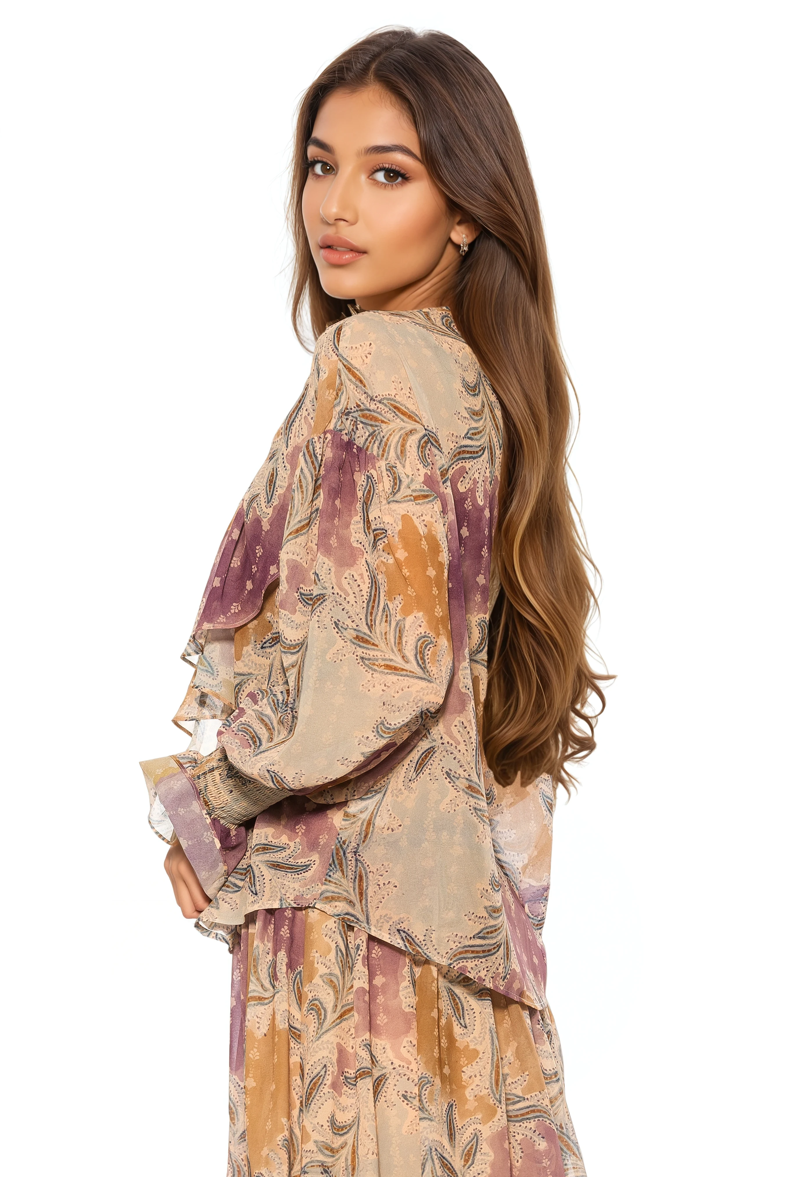 Side view paisley print ruffle blouse, shirt tail hem, blouson sleeve with smocked ruffle cuff.