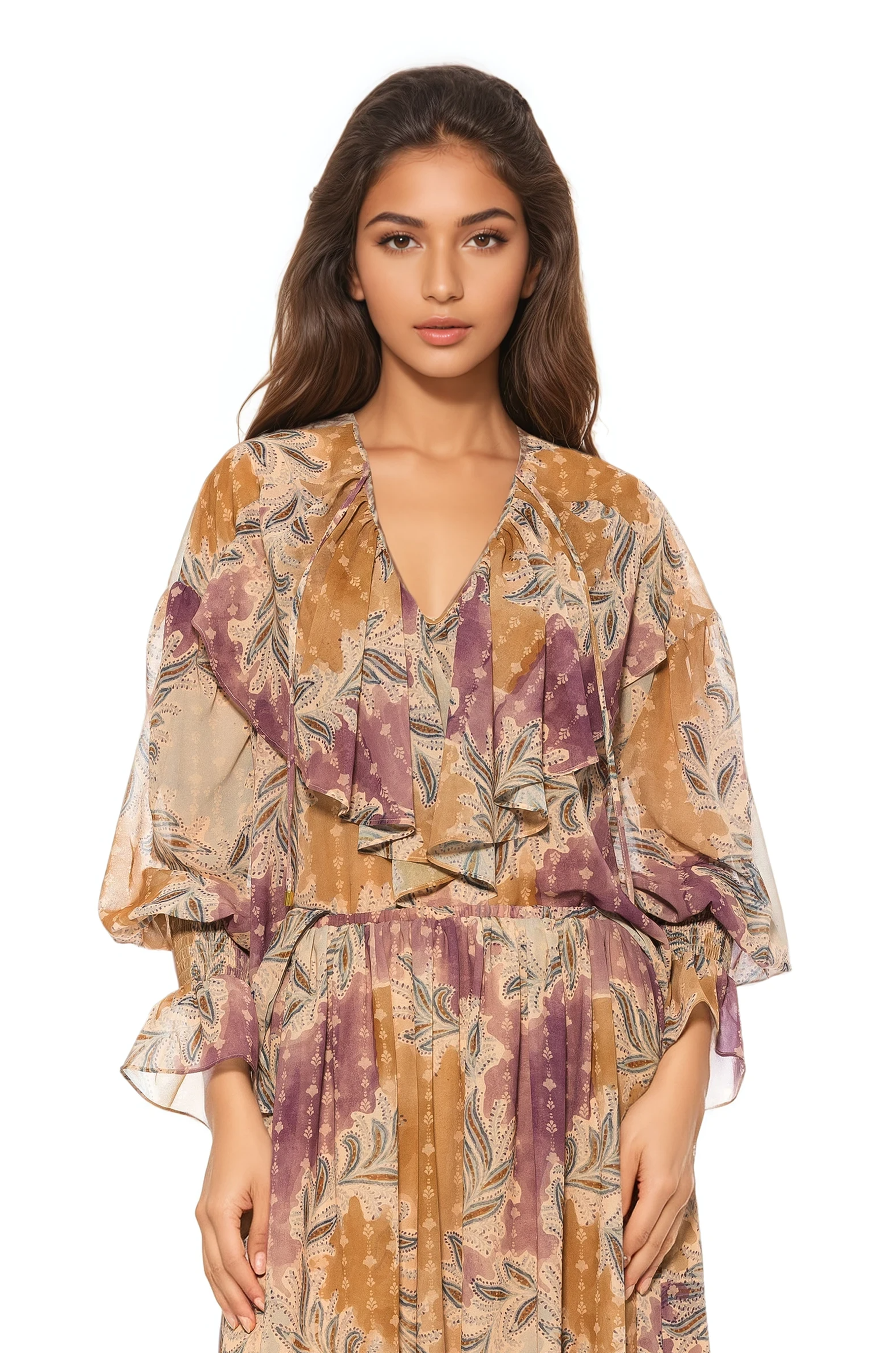 Front view paisley print ruffle blouse, v-neck front neck tie, blouson sleeve with smocked ruffle cuff.