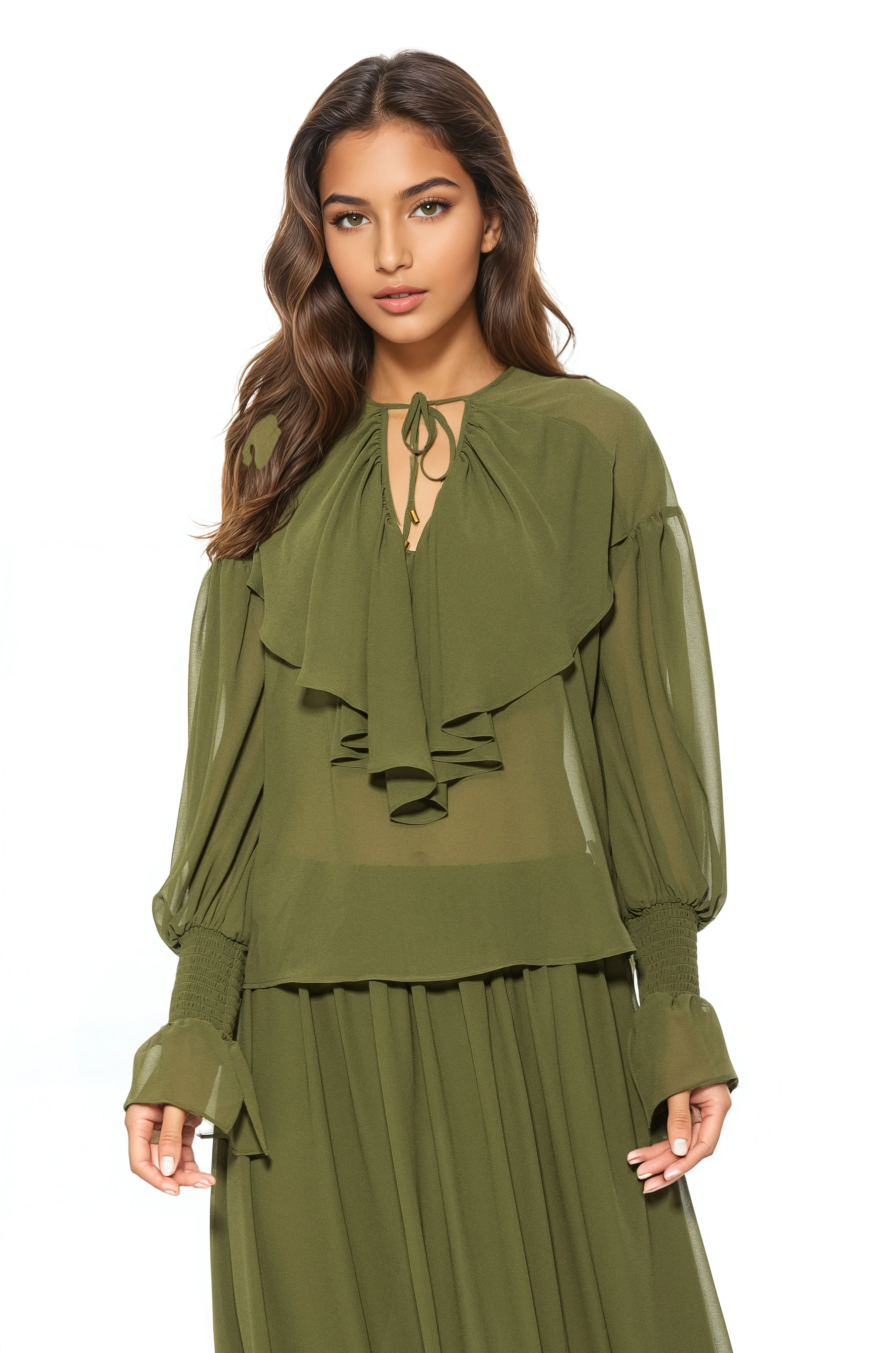 Front view green ruffle blouse, v-neck front neck tie, blouson sleeve with smocked ruffle cuff.