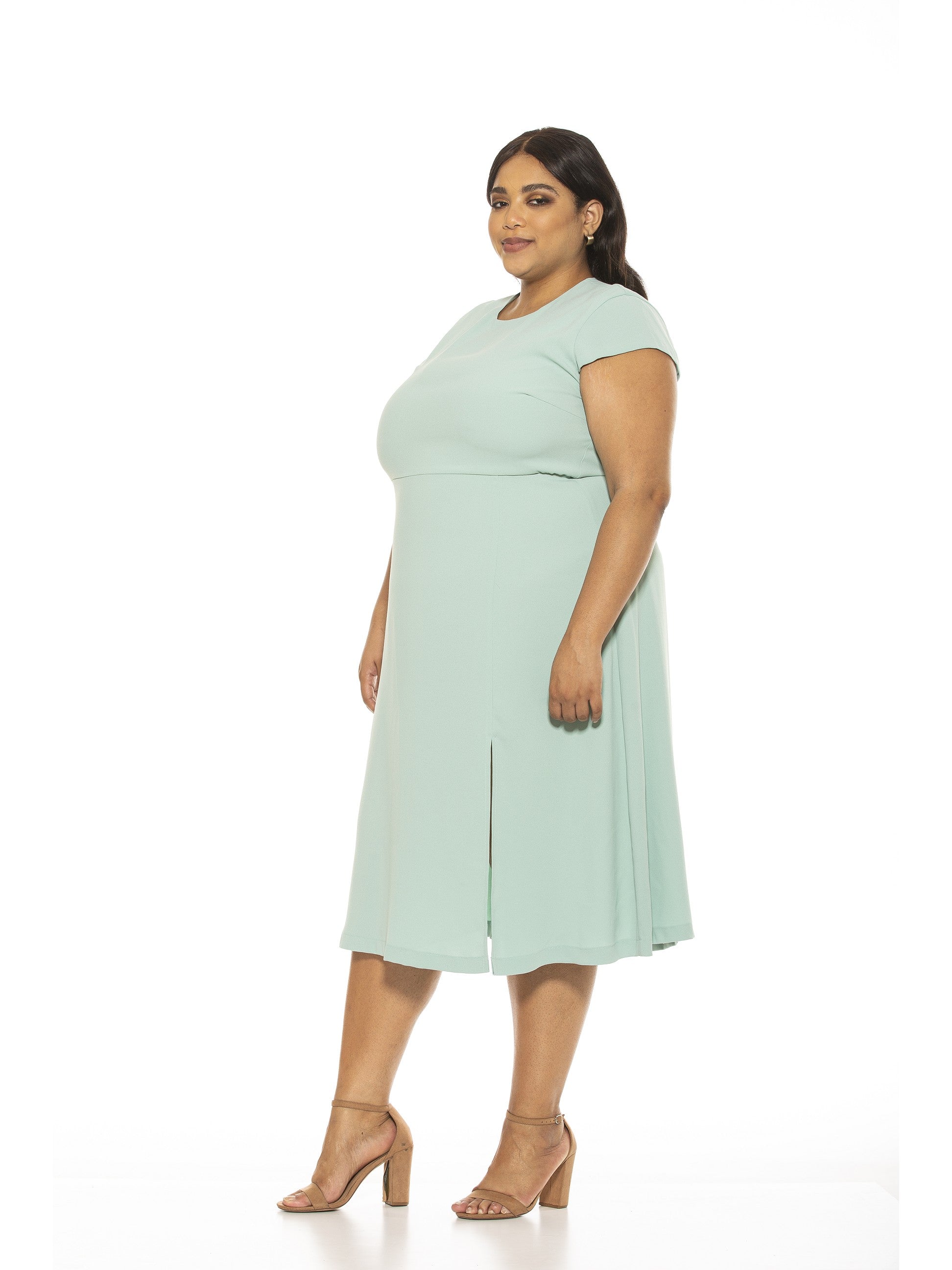 LILY CREWNECK MIDI DRESS W/ SLIT - Plus Size - ALEXIA ADMOR
