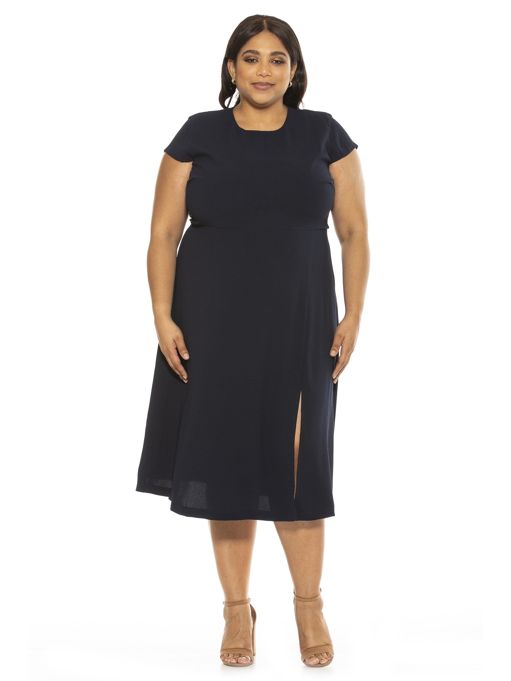 LILY CREWNECK MIDI DRESS W/ SLIT - Plus Size - ALEXIA ADMOR