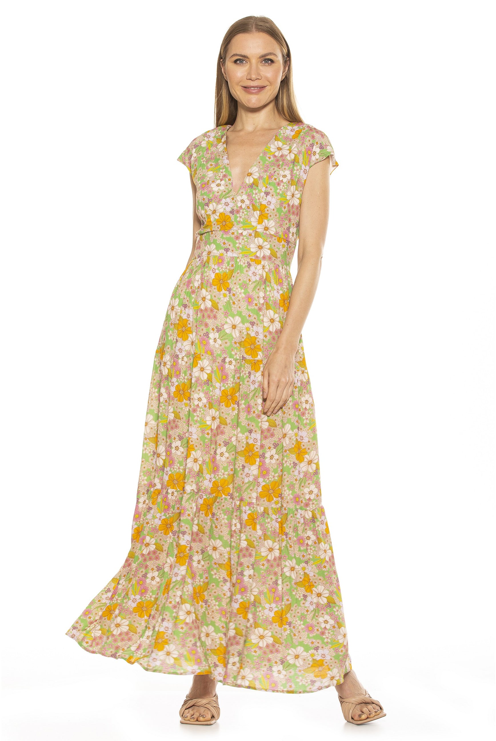 Summer V Neck Tiered Maxi Dress - ALEXIA ADMOR
