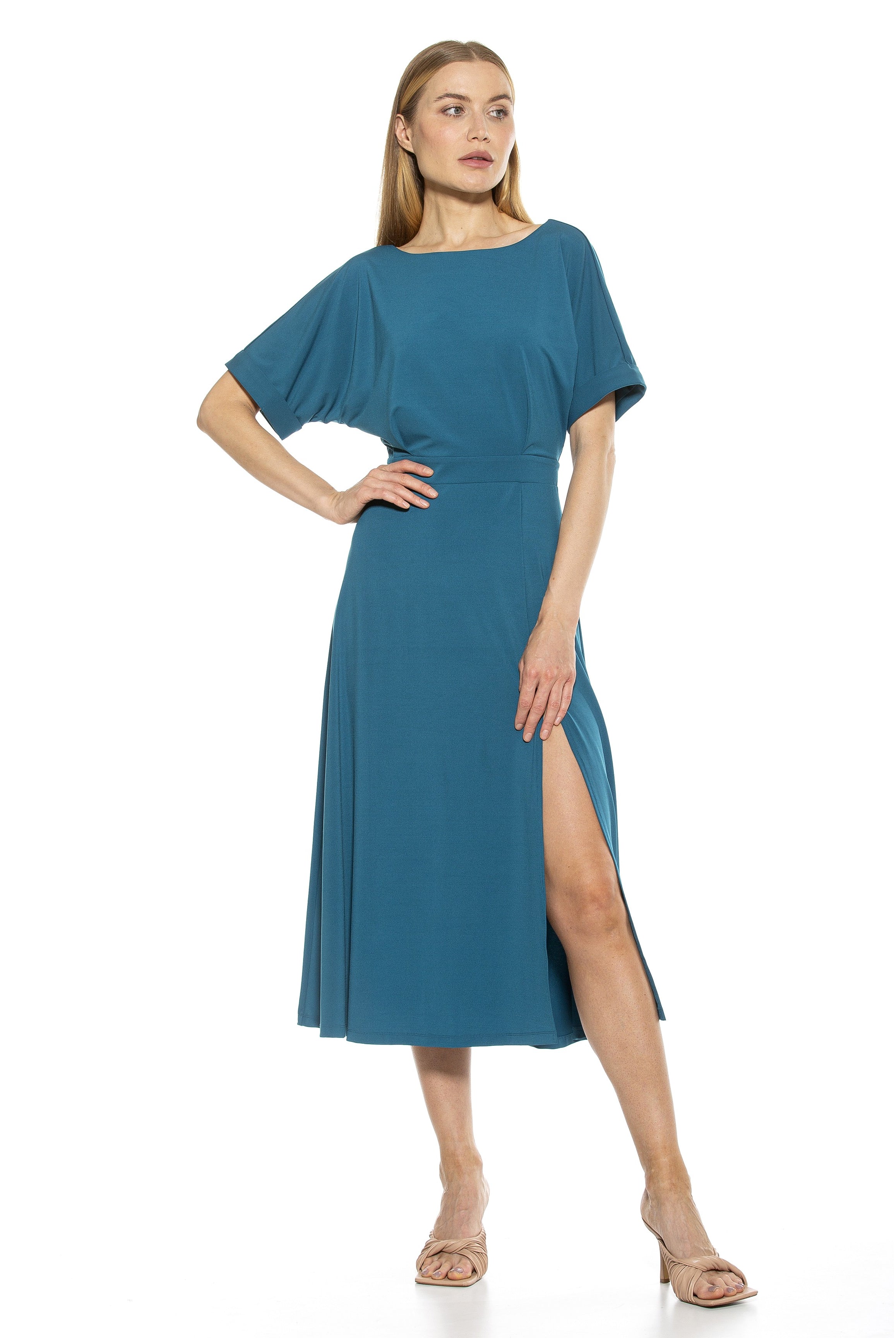 Lana Draped Bodice Midi Dress With Slit - ALEXIA ADMOR