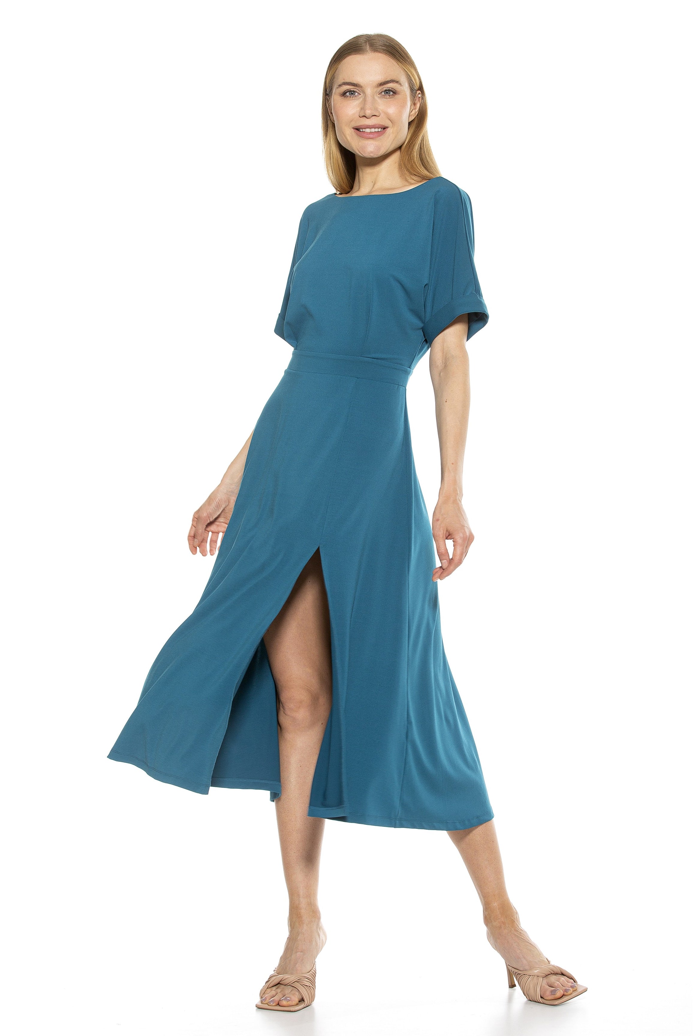 Lana Draped Bodice Midi Dress With Slit - ALEXIA ADMOR