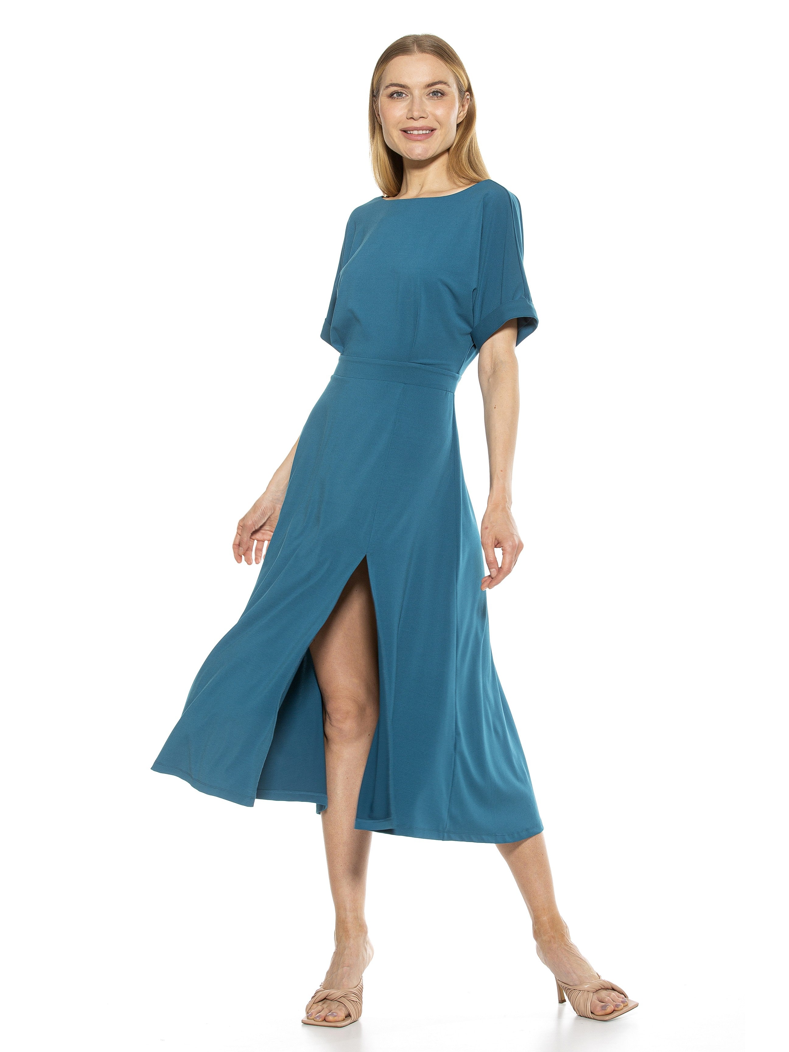 Lana Draped Bodice Midi Dress With Slit - ALEXIA ADMOR