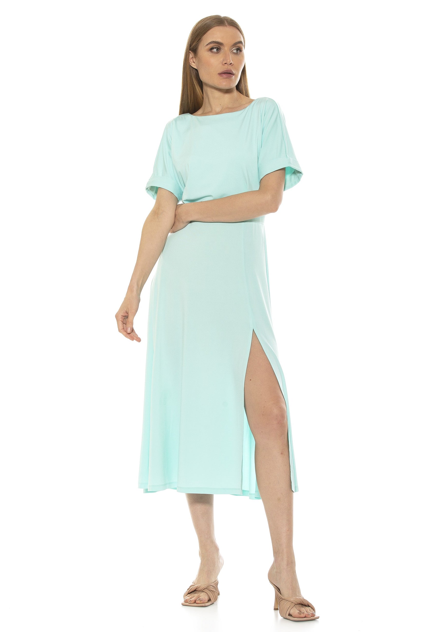 Lana Draped Bodice Midi Dress With Slit - ALEXIA ADMOR