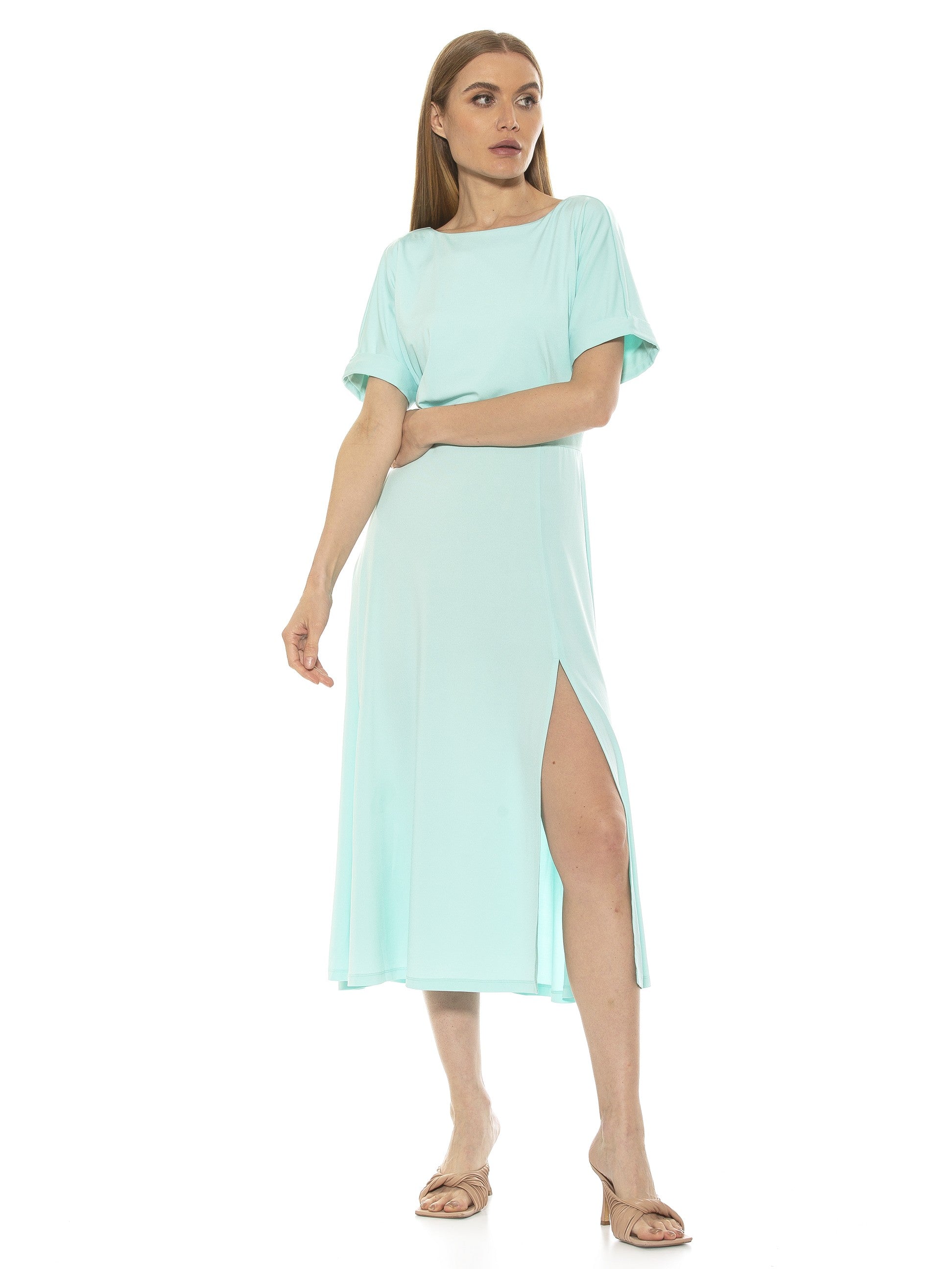 Lana Draped Bodice Midi Dress With Slit - ALEXIA ADMOR