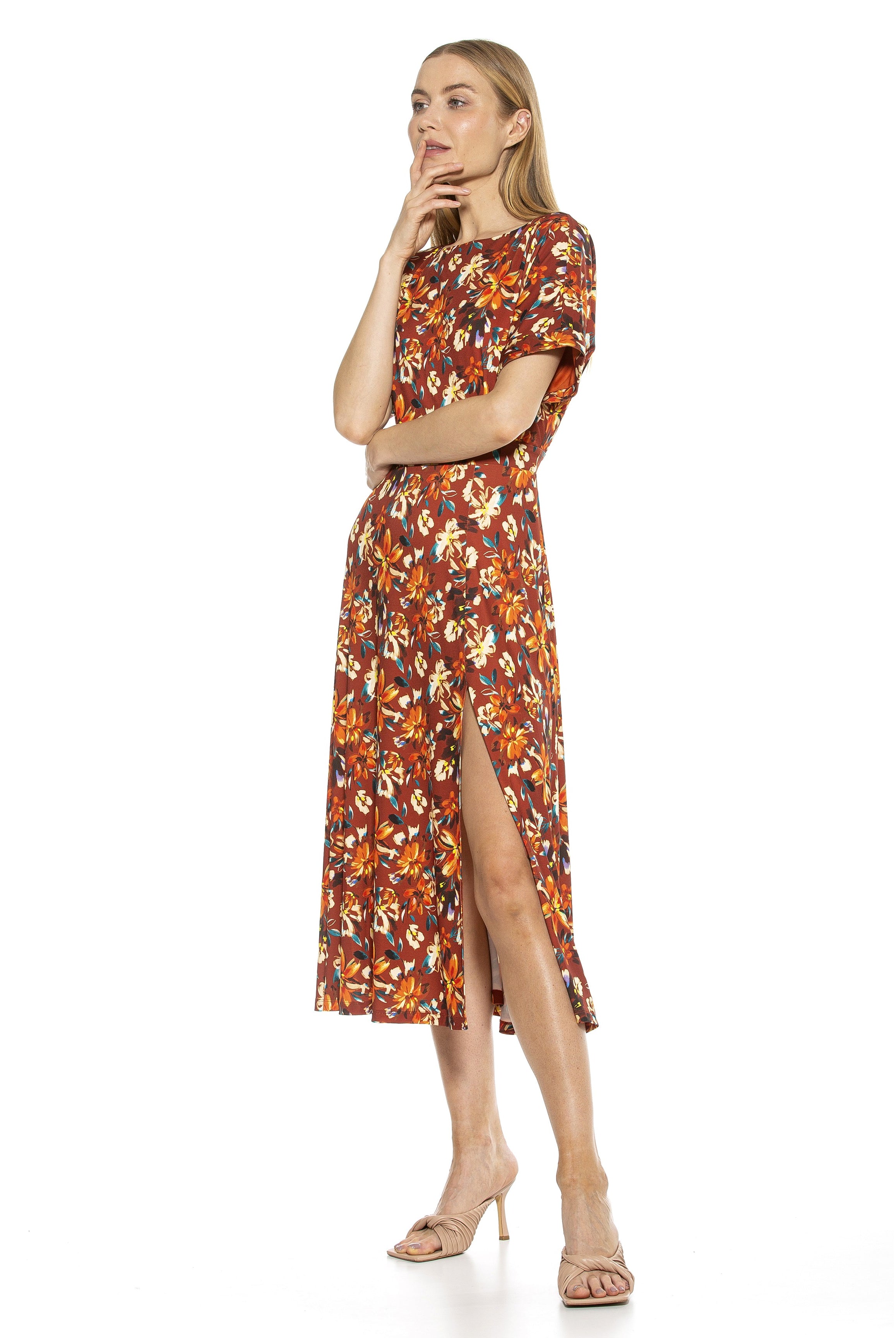 Lana Draped Bodice Midi Dress With Slit - ALEXIA ADMOR