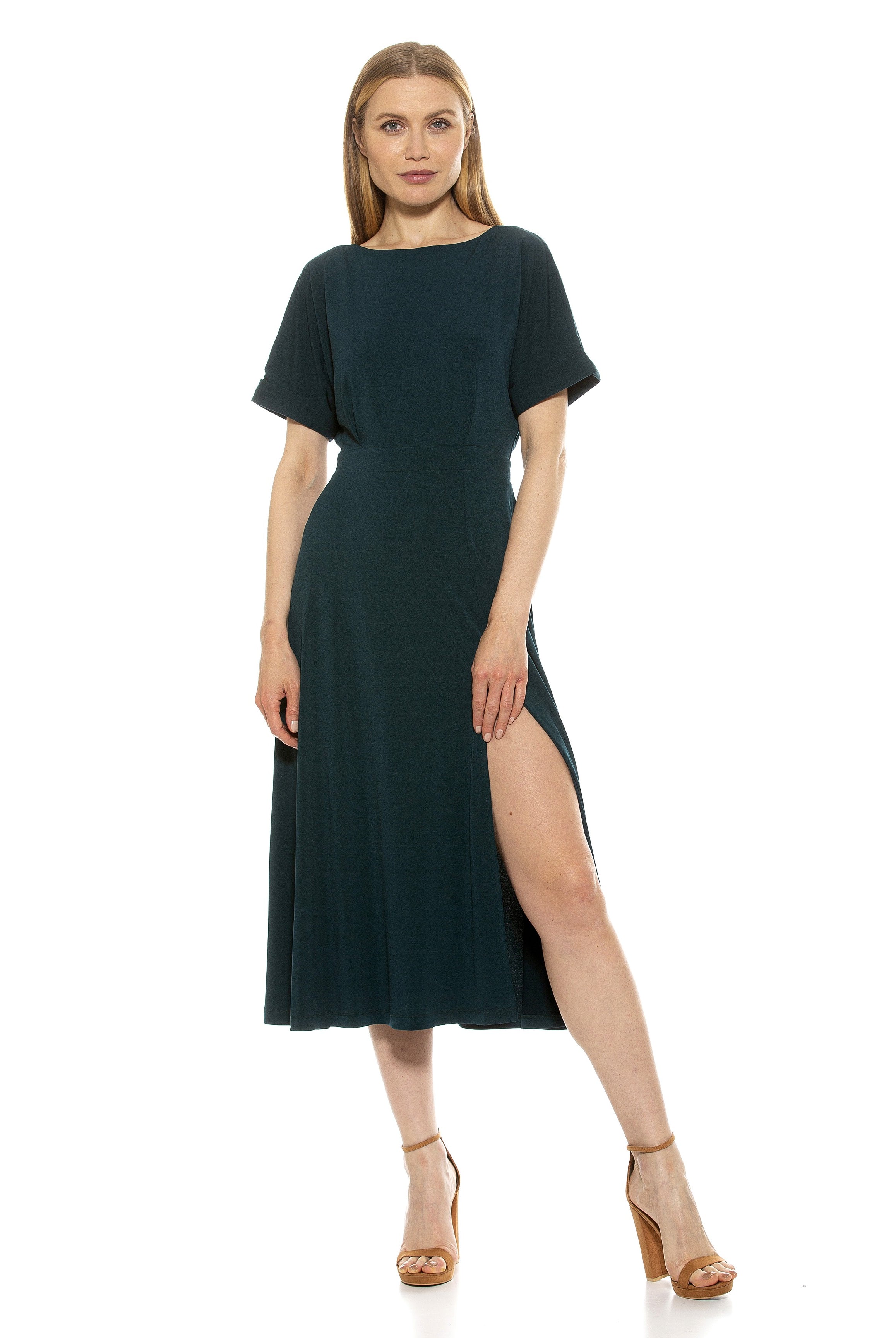 Lana Draped Bodice Midi Dress With Slit - ALEXIA ADMOR