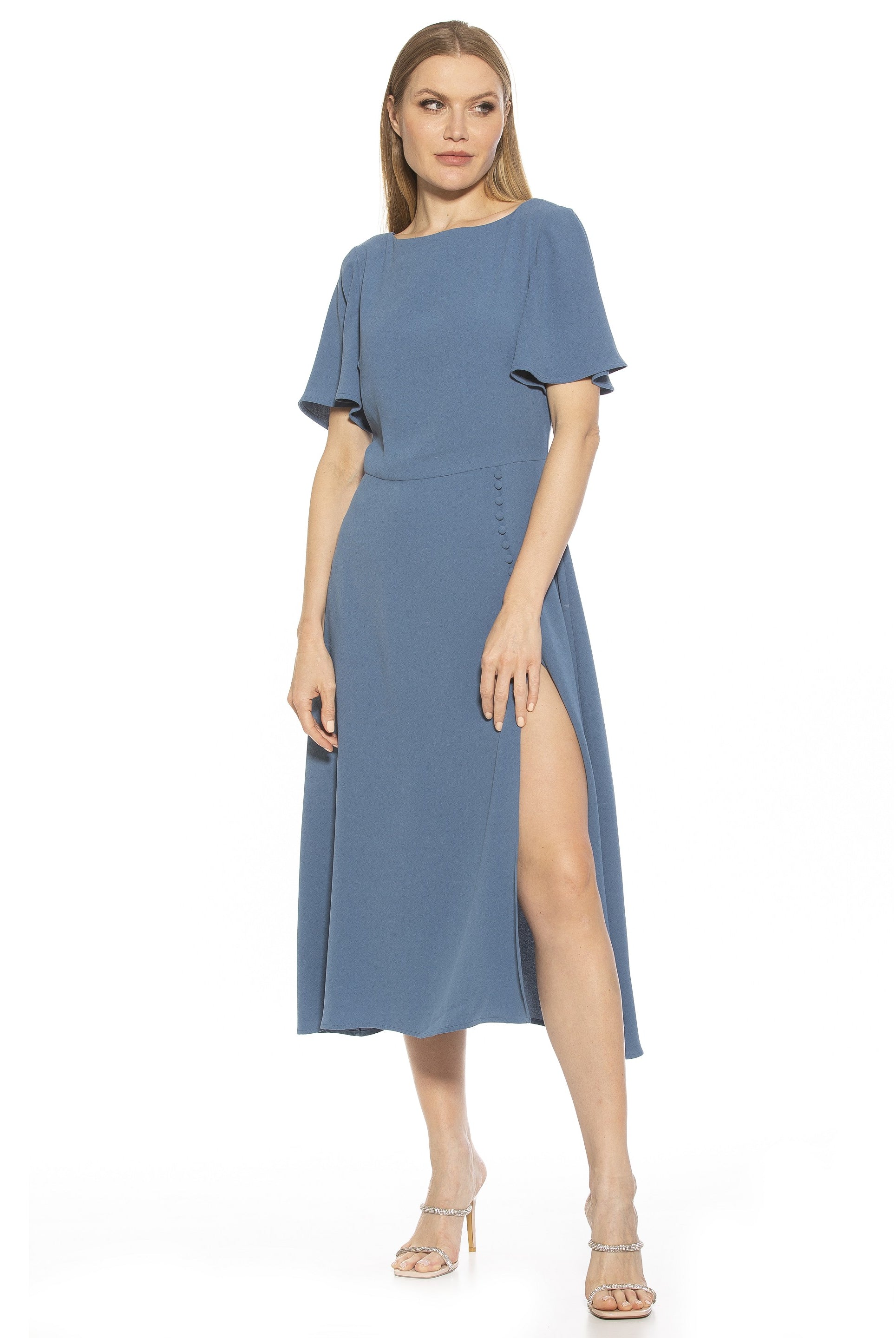 ASTER BOATNECK FLUTTER SLV FIT AND FLARE WITH SLIT - ALEXIA ADMOR