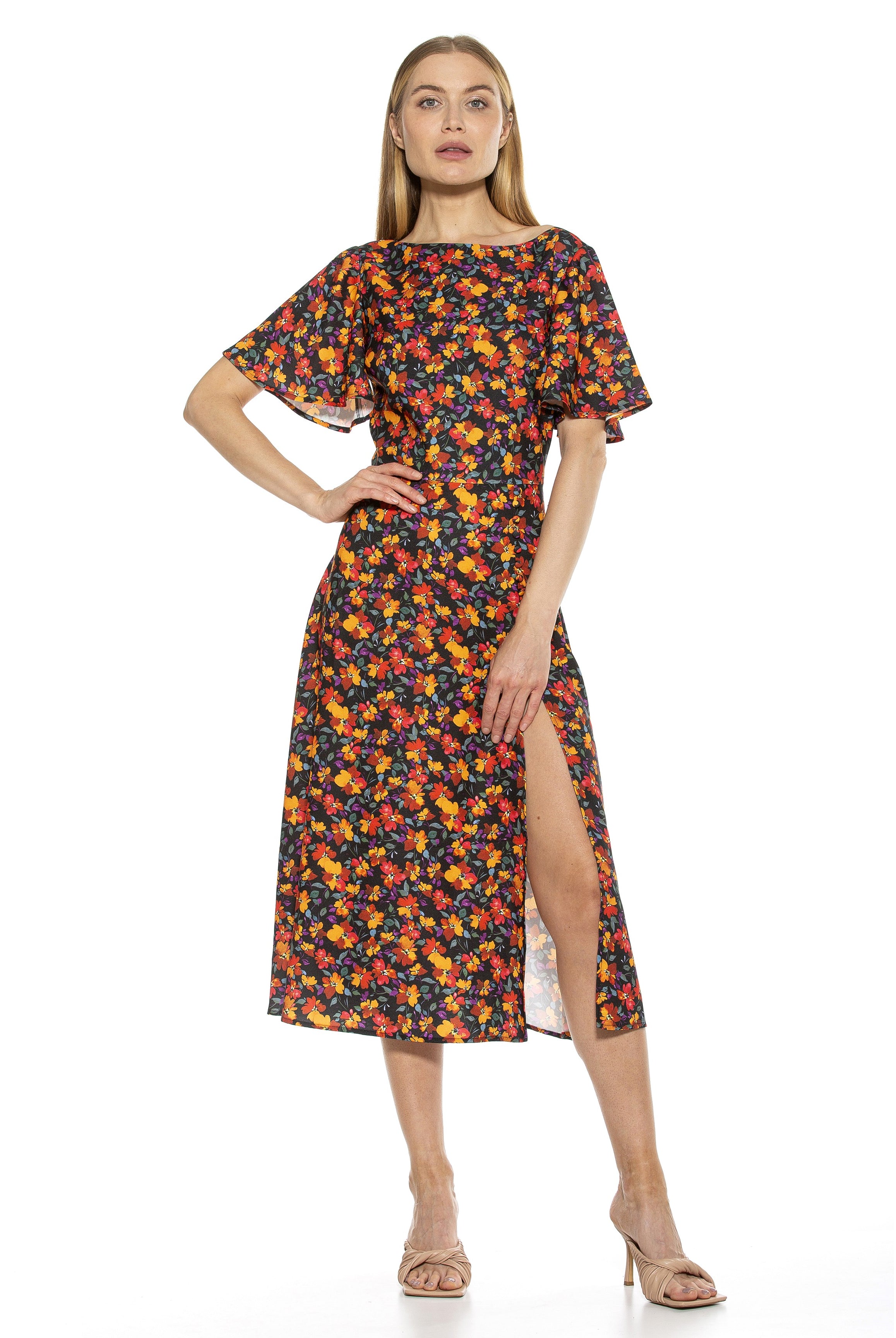 ASTER BOATNECK FLUTTER SLV FIT AND FLARE WITH SLIT - ALEXIA ADMOR