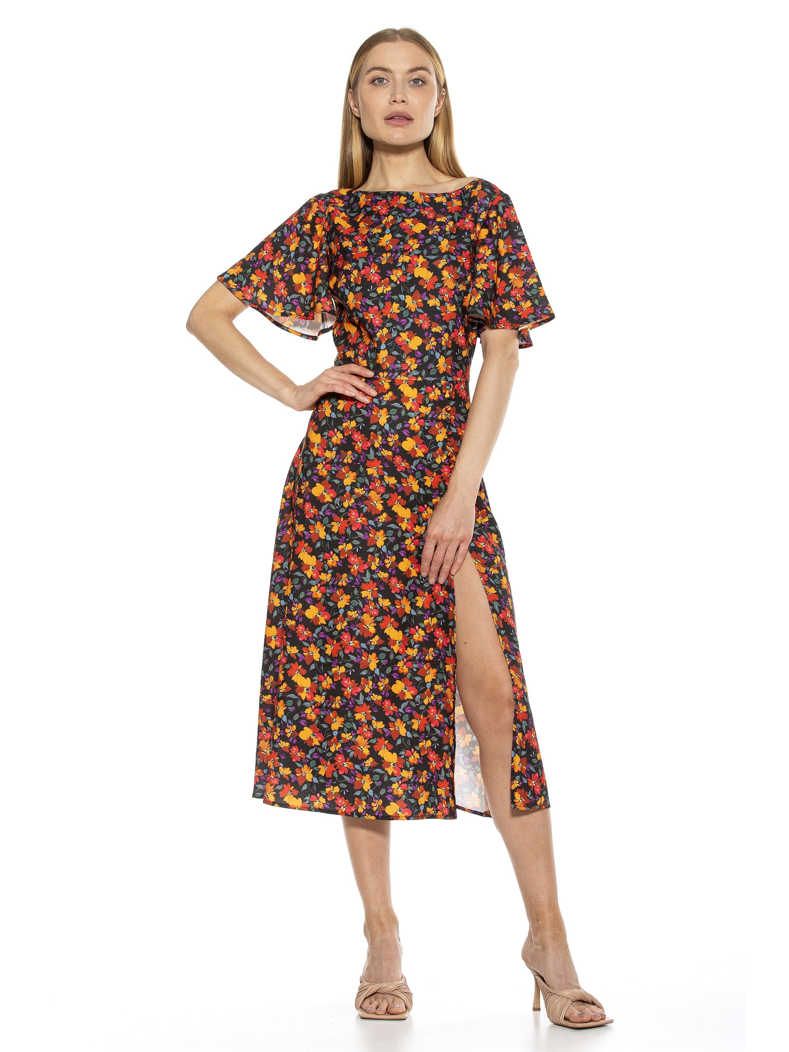 ASTER BOATNECK FLUTTER SLV FIT AND FLARE WITH SLIT - ALEXIA ADMOR