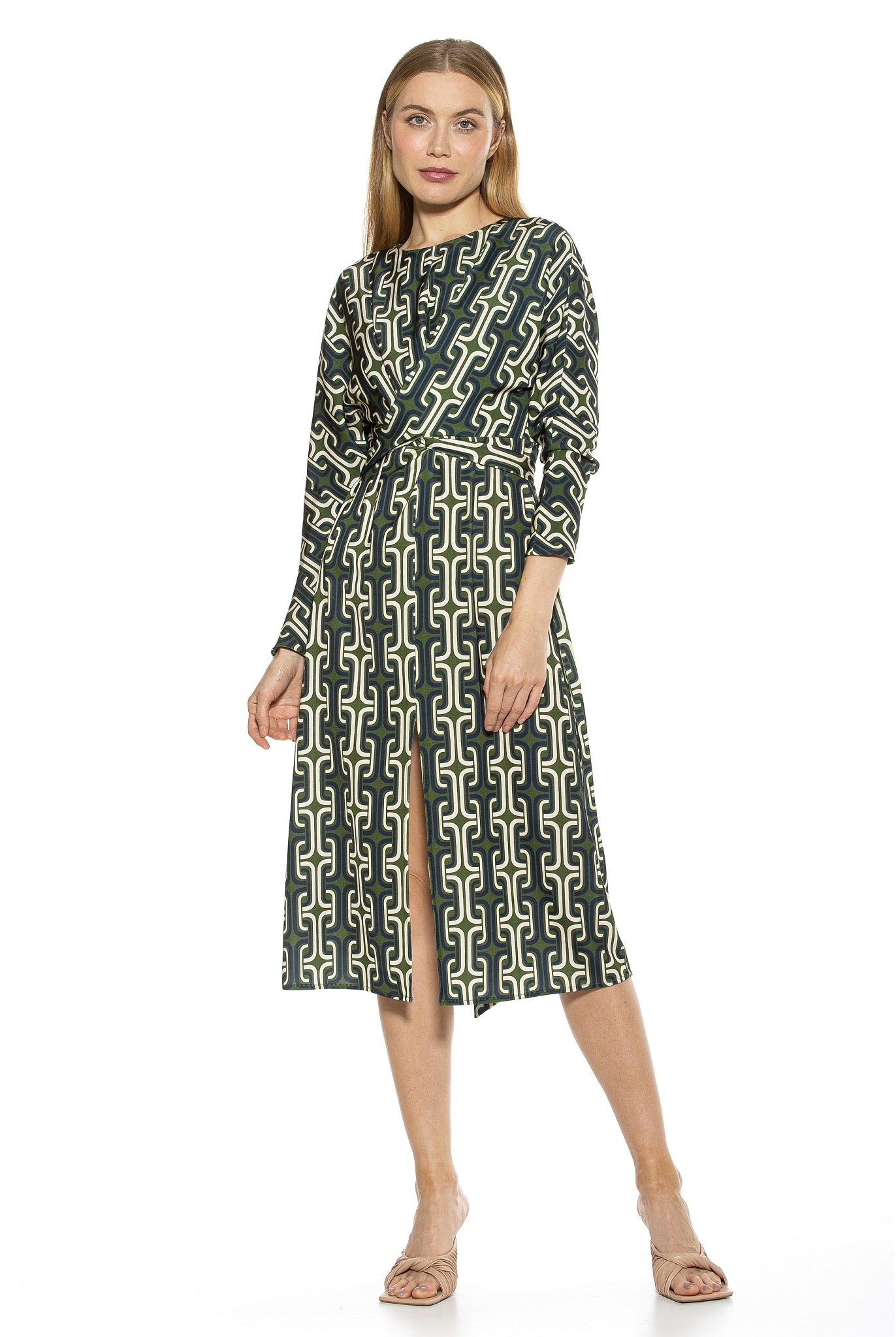 CARIE CREWNECK DRAPED MIDI DRESS WITH FRONT SLIT - ALEXIA ADMOR