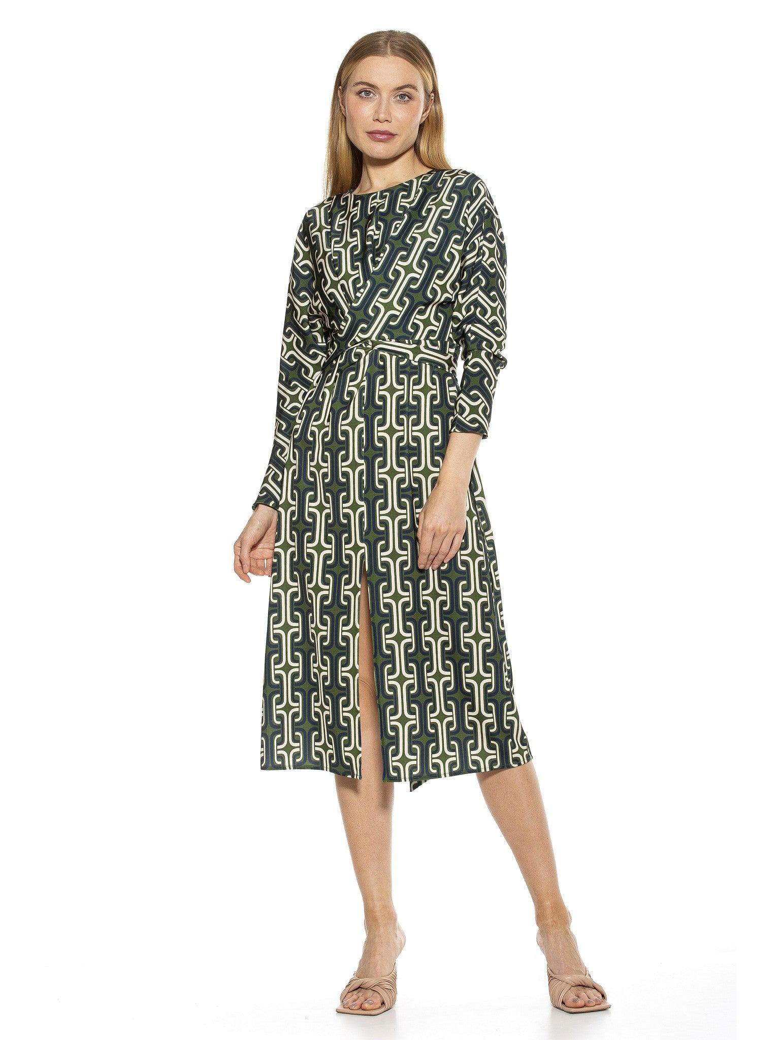 CARIE CREWNECK DRAPED MIDI DRESS WITH FRONT SLIT - ALEXIA ADMOR