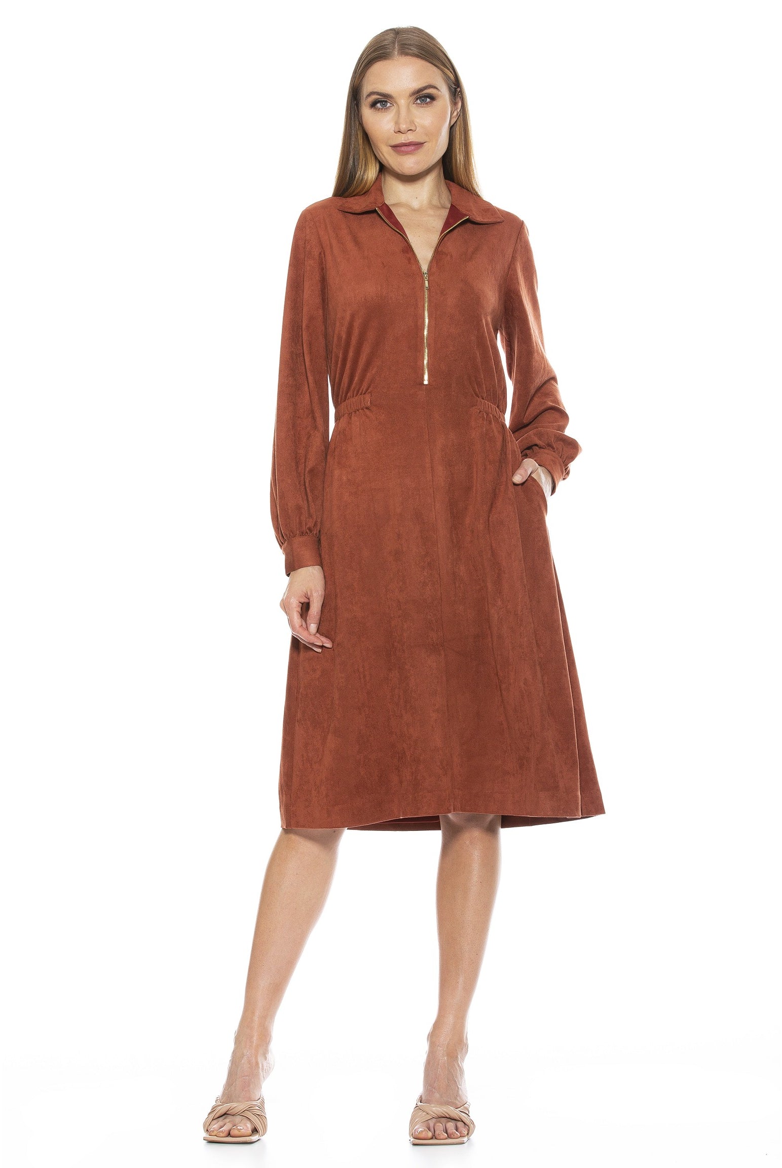 HAILEY COLLAR FIT AND FLARE SUEDE DRESS - ALEXIA ADMOR