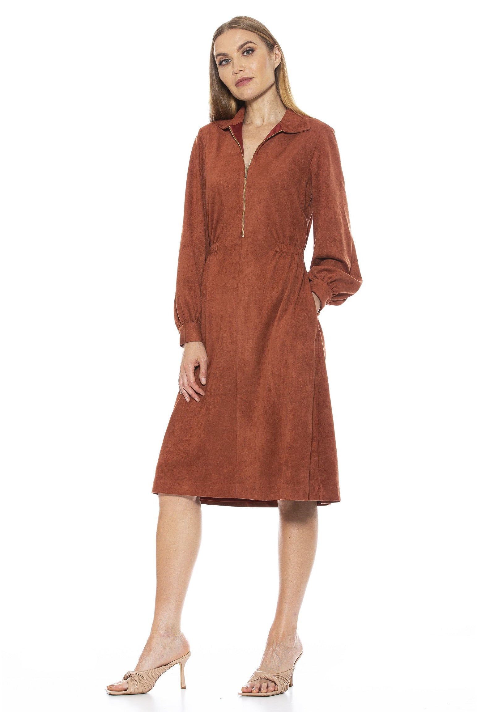 HAILEY COLLAR FIT AND FLARE SUEDE DRESS - ALEXIA ADMOR