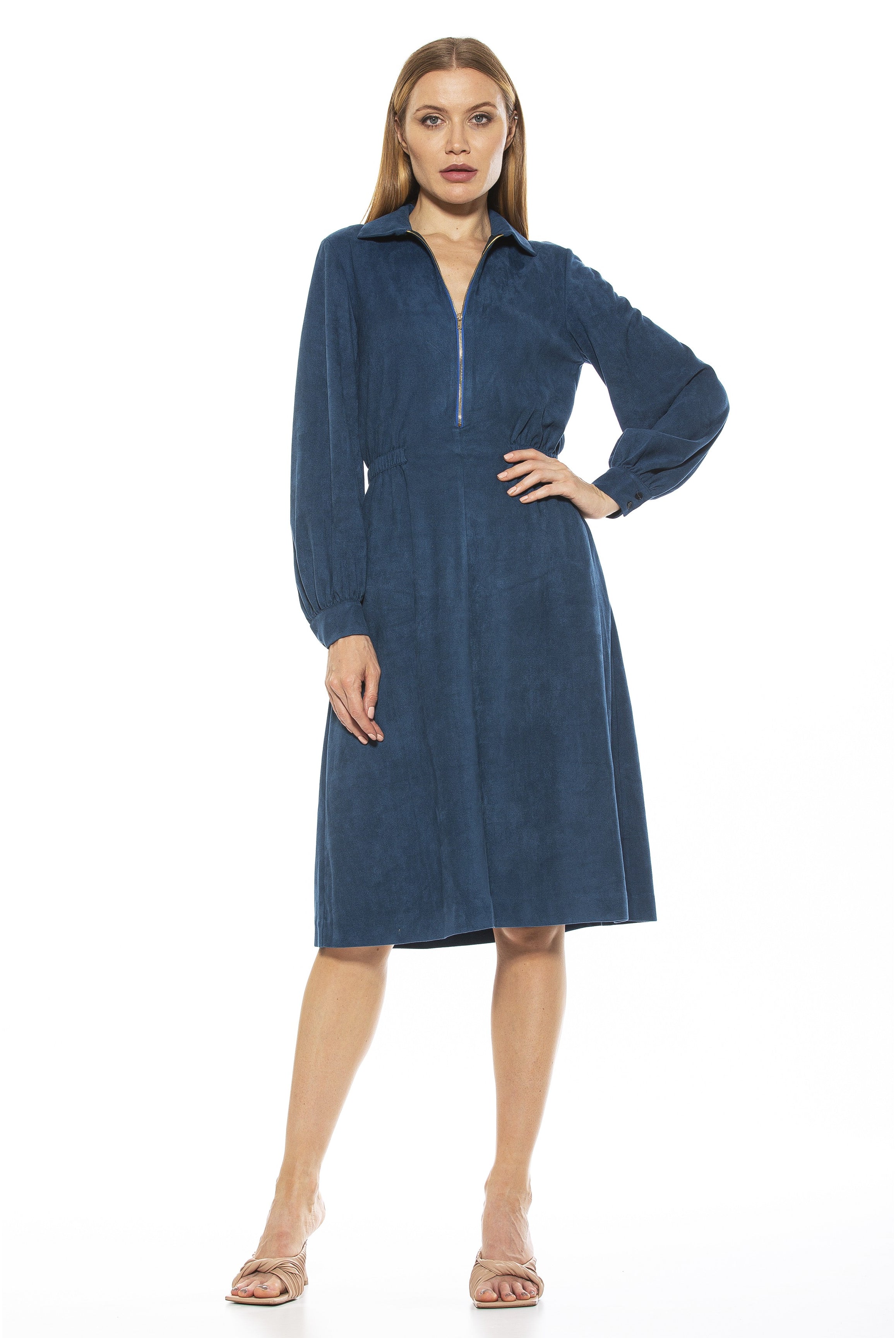 HAILEY COLLAR FIT AND FLARE SUEDE DRESS - ALEXIA ADMOR