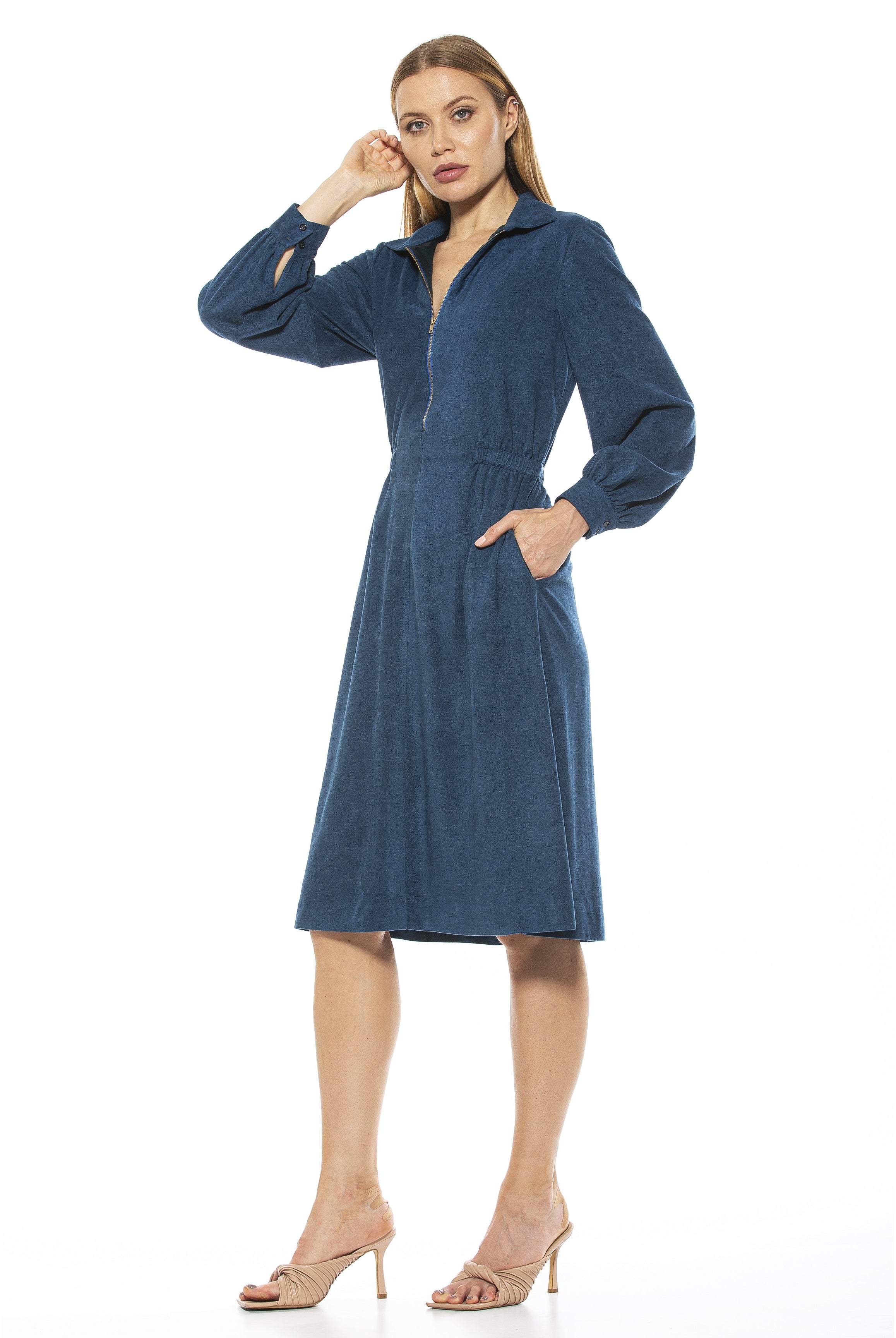 HAILEY COLLAR FIT AND FLARE SUEDE DRESS - ALEXIA ADMOR