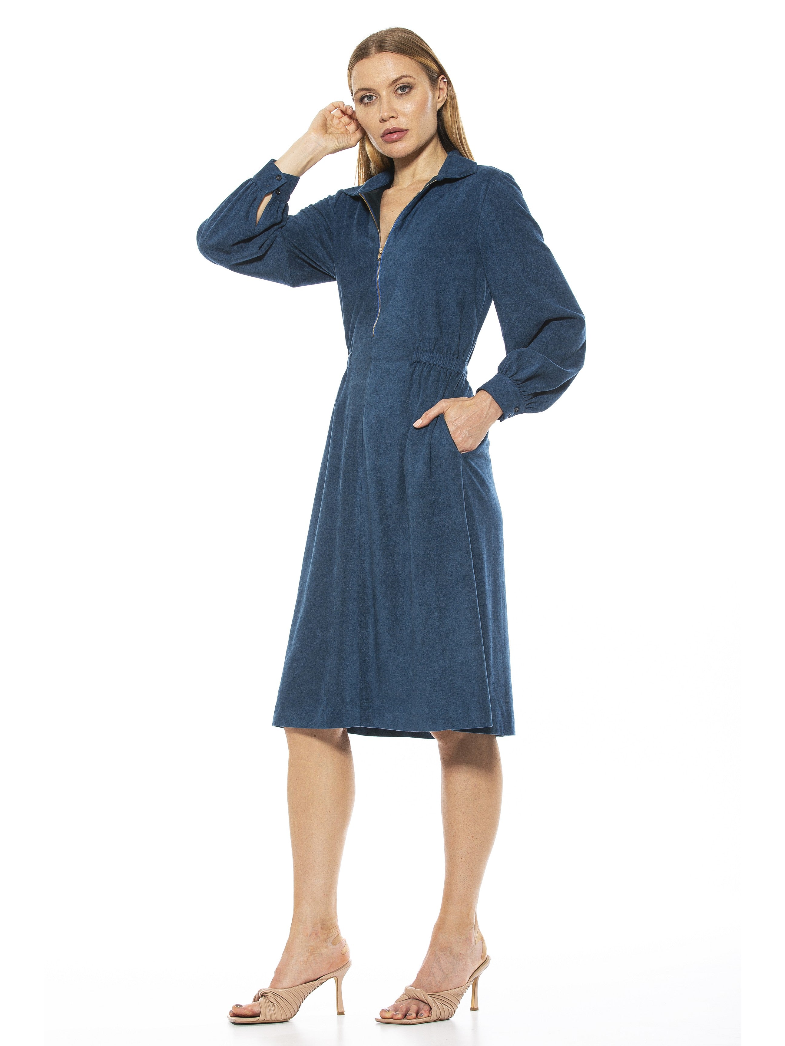 HAILEY COLLAR FIT AND FLARE SUEDE DRESS - ALEXIA ADMOR