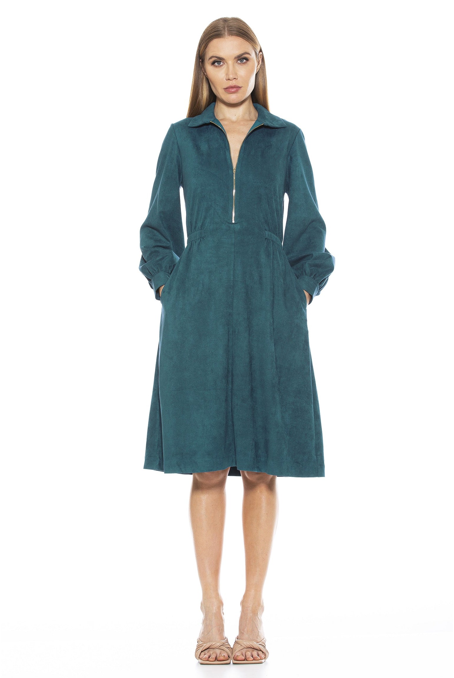 HAILEY COLLAR FIT AND FLARE SUEDE DRESS - ALEXIA ADMOR