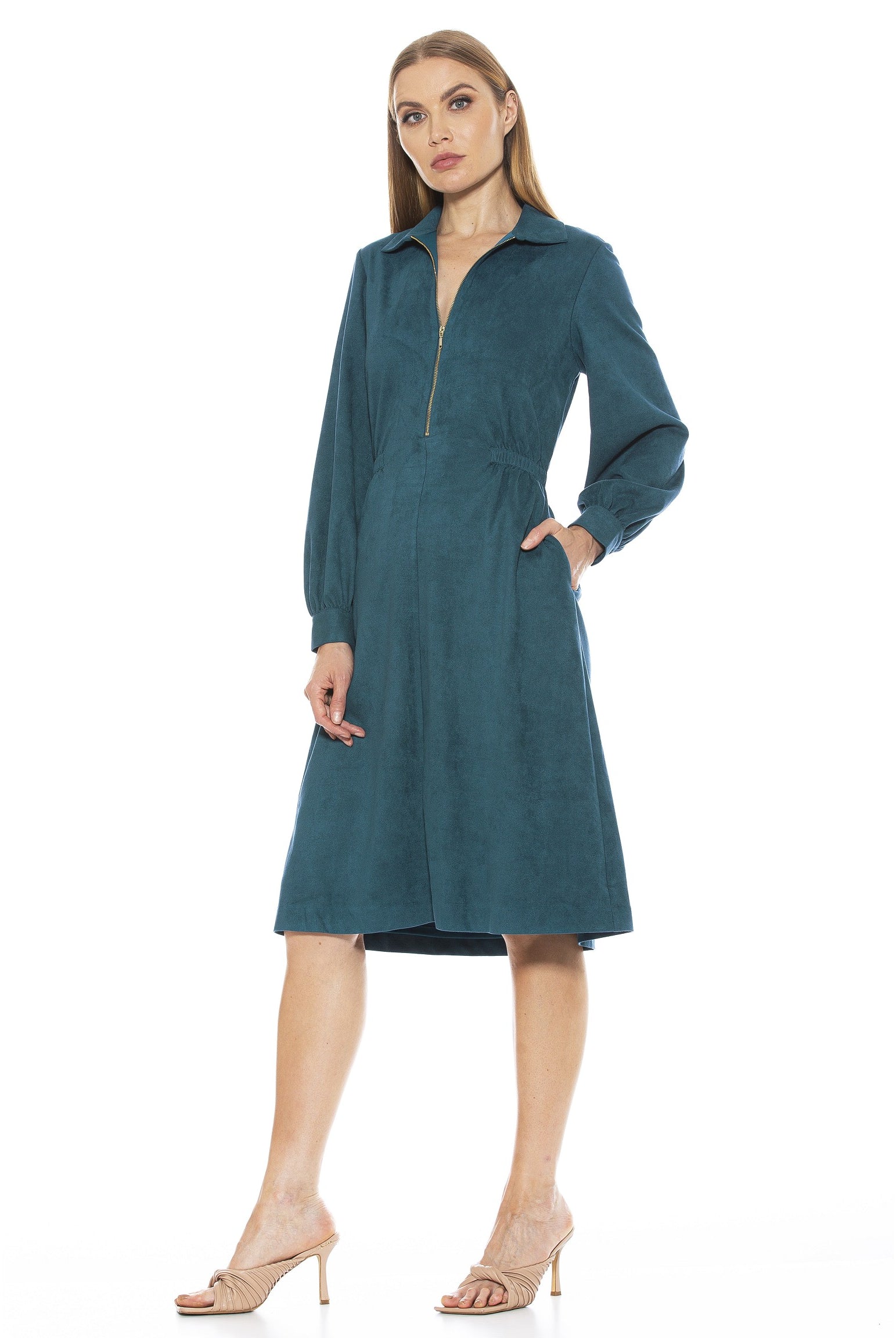 HAILEY COLLAR FIT AND FLARE SUEDE DRESS - ALEXIA ADMOR